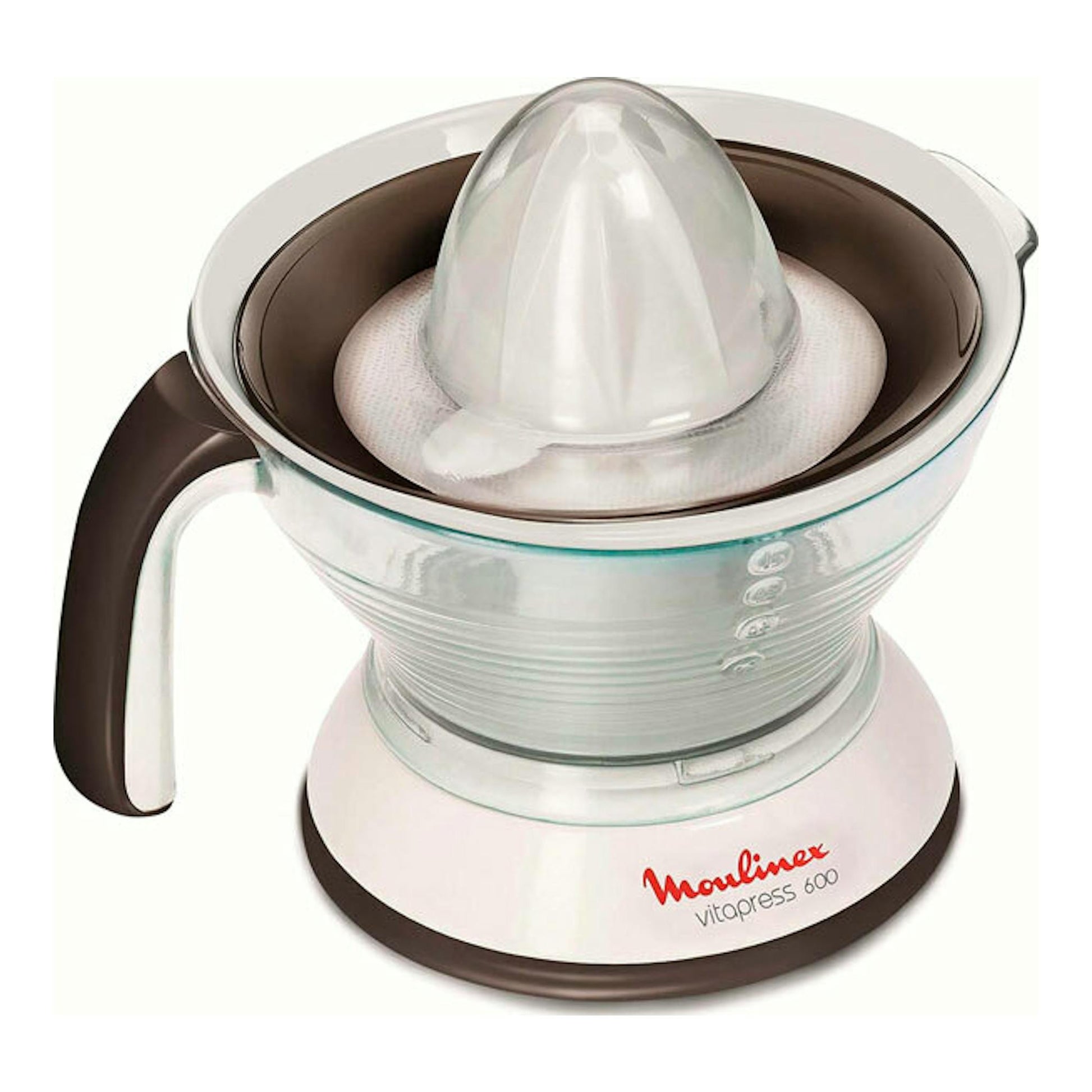 Exprimidor Moulinex Vitapress 600 blanco y marrón, vista frontal en tres cuartos.