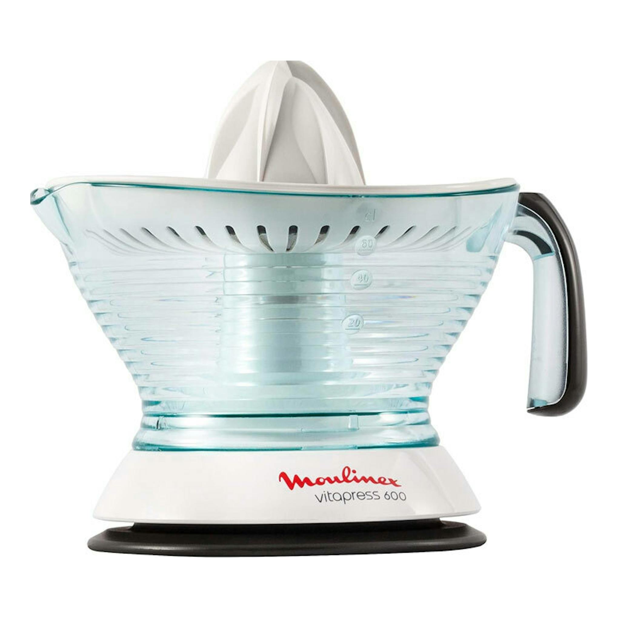 Exprimidor Moulinex Vitapress 600 blanco y transparente, vista frontal con jarra y asa negra.