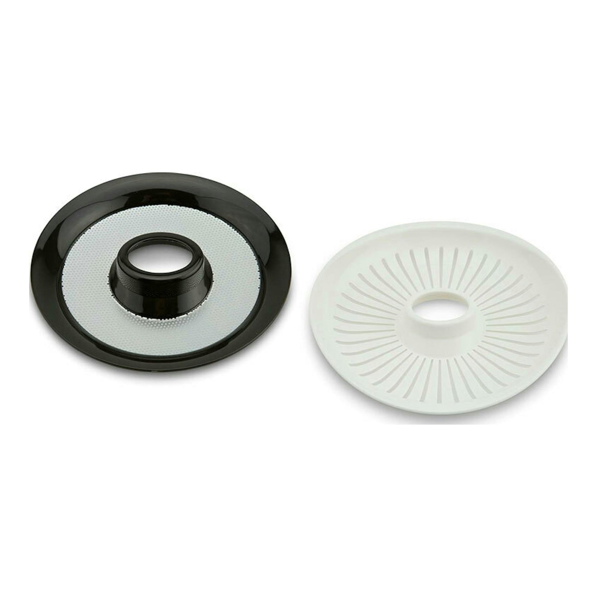 Moulinex PC300B10: dos filtros circulares de exprimidor, uno negro y otro blanco, vistos desde arriba.
