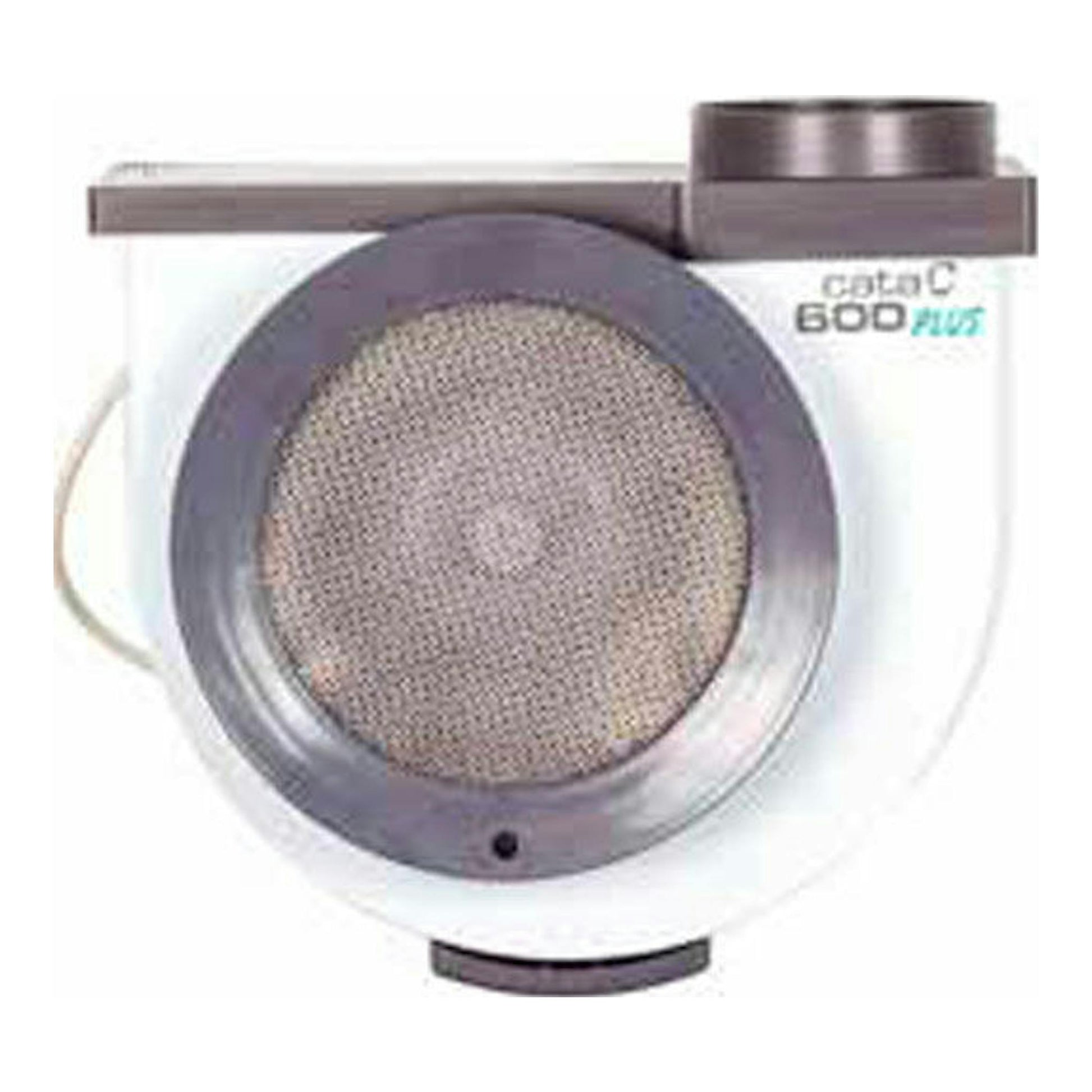 Extractor de cocina integrable Cata 600 Plus blanco, vista frontal, con rejilla circular gris y salida superior.