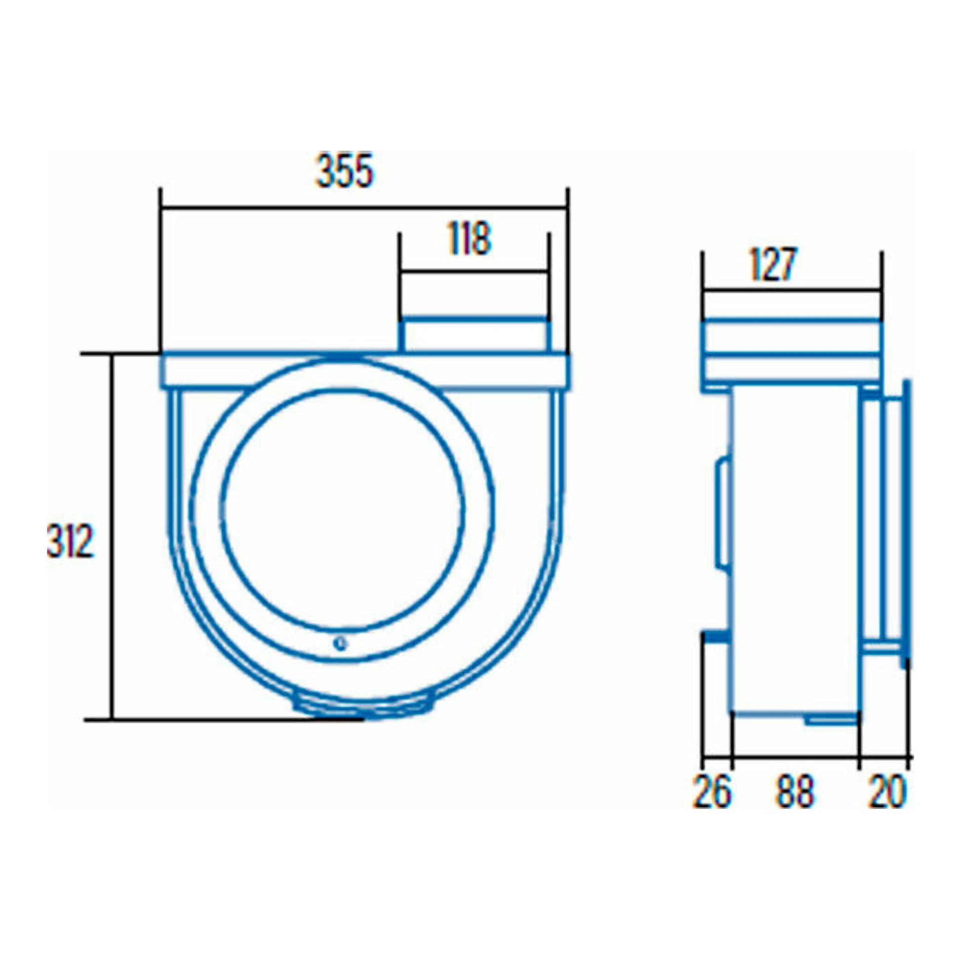 Plano técnico del extractor de cocina integrable Cata 600 Plus Blanco, vistas frontal y lateral con medidas.