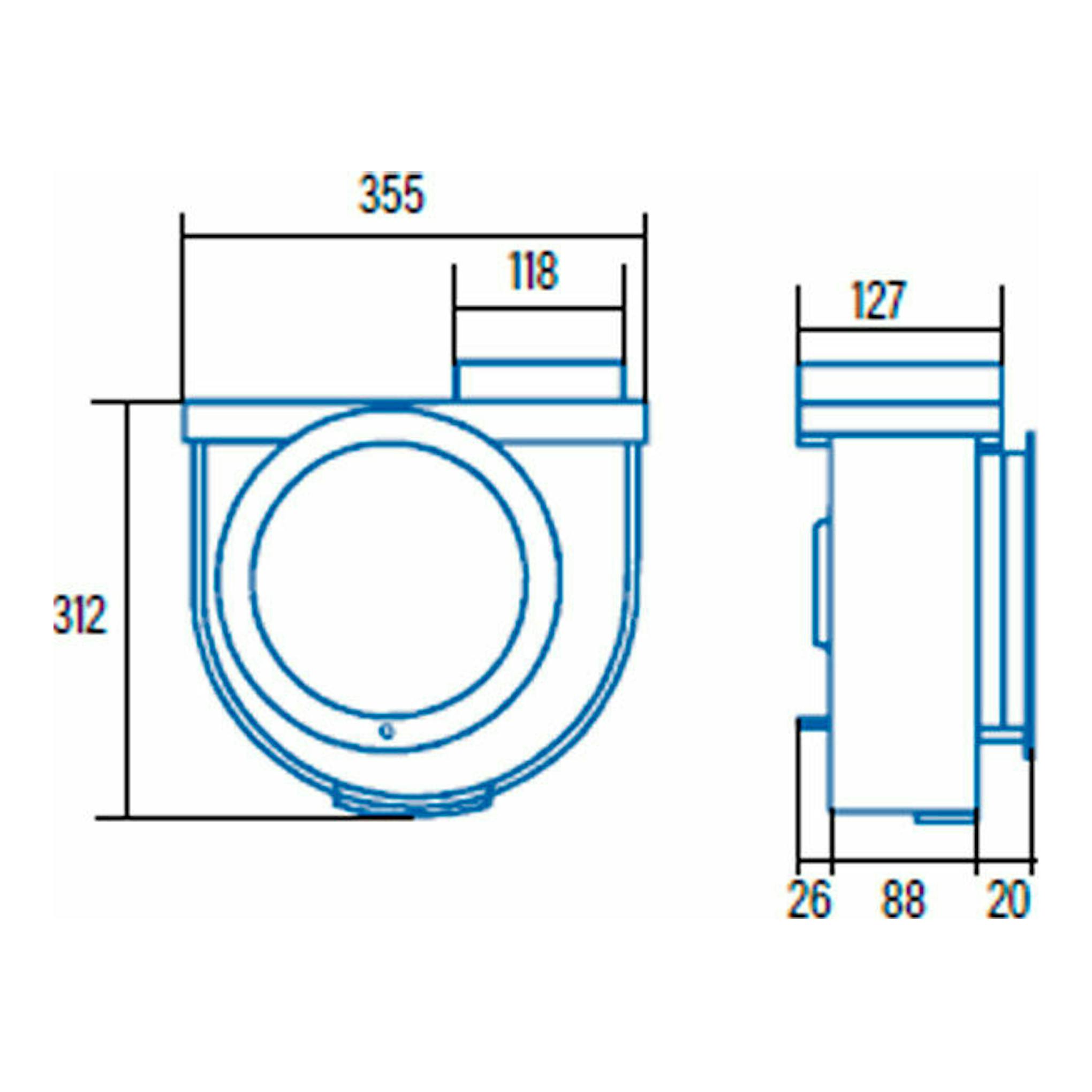 Plano técnico del extractor de cocina integrable Cata 600 Plus Blanco, vistas frontal y lateral con medidas.