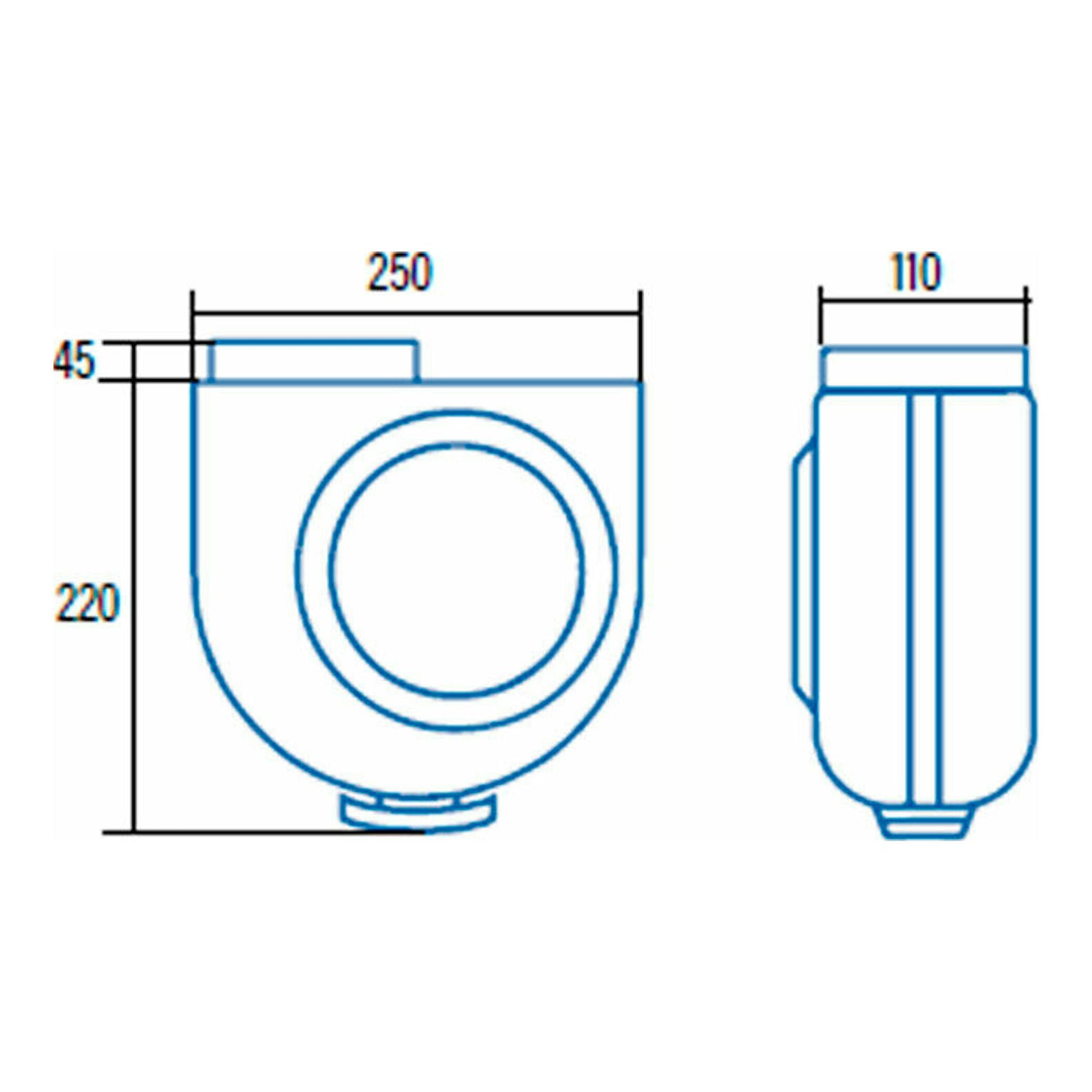 Extractor de cocina Cata GS400M blanco, dibujo técnico en vista frontal y lateral, con medidas 250x220x110 mm