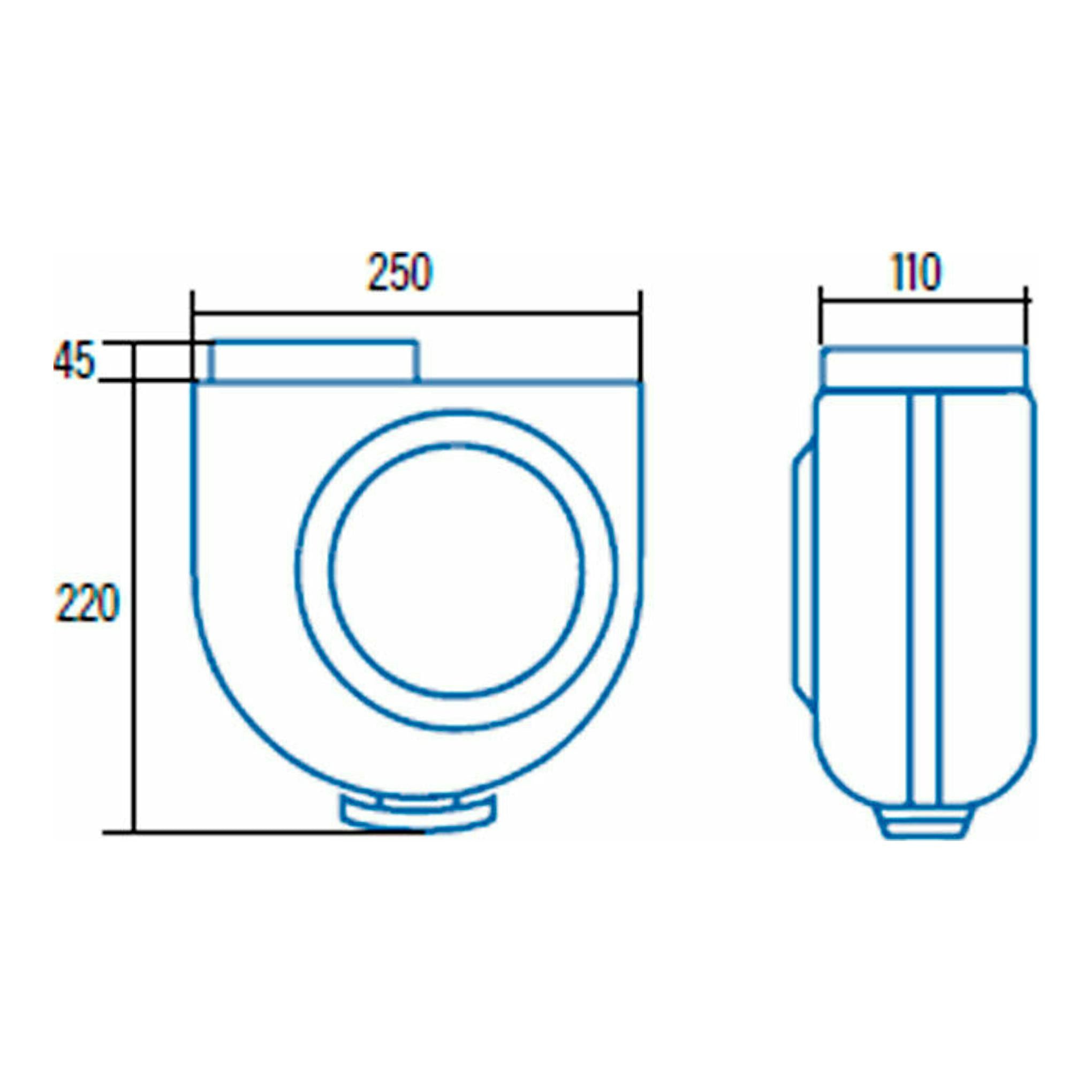 Extractor de cocina Cata GS400M blanco, dibujo técnico en vista frontal y lateral, con medidas 250x220x110 mm