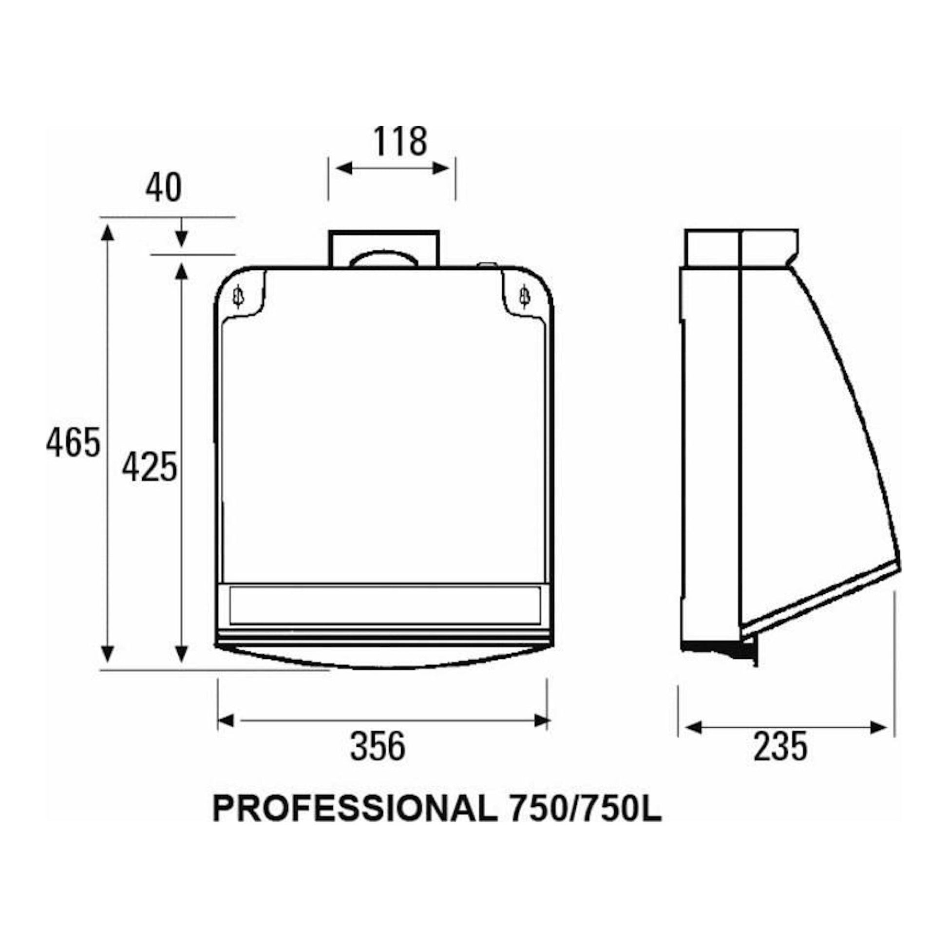 Cata Professional 750/750L, dibujo técnico de extractor integrable blanco, vistas frontal y lateral con medidas.