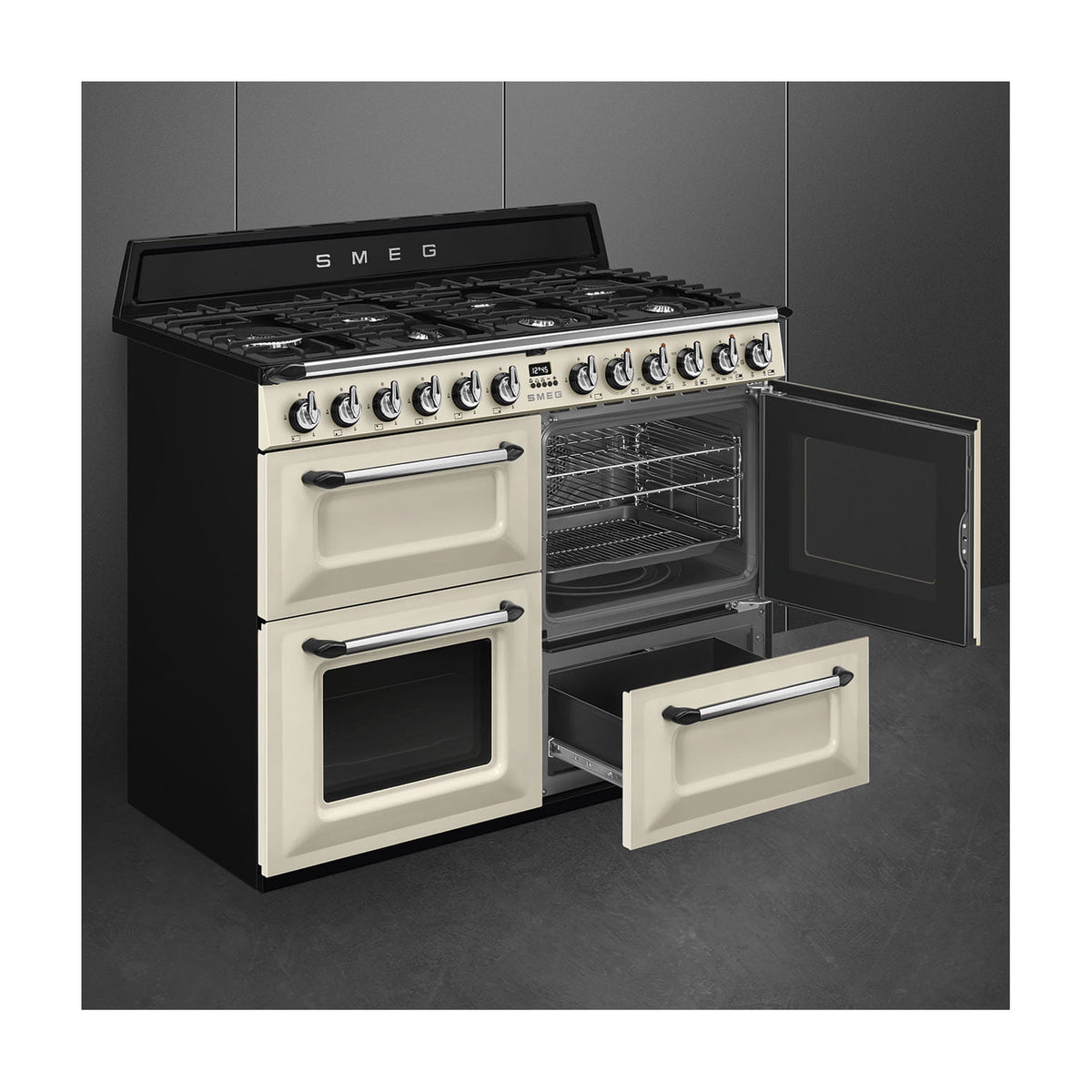 Cocina de gas Smeg TR4110P1 de 110 cm con tres hornos, crema