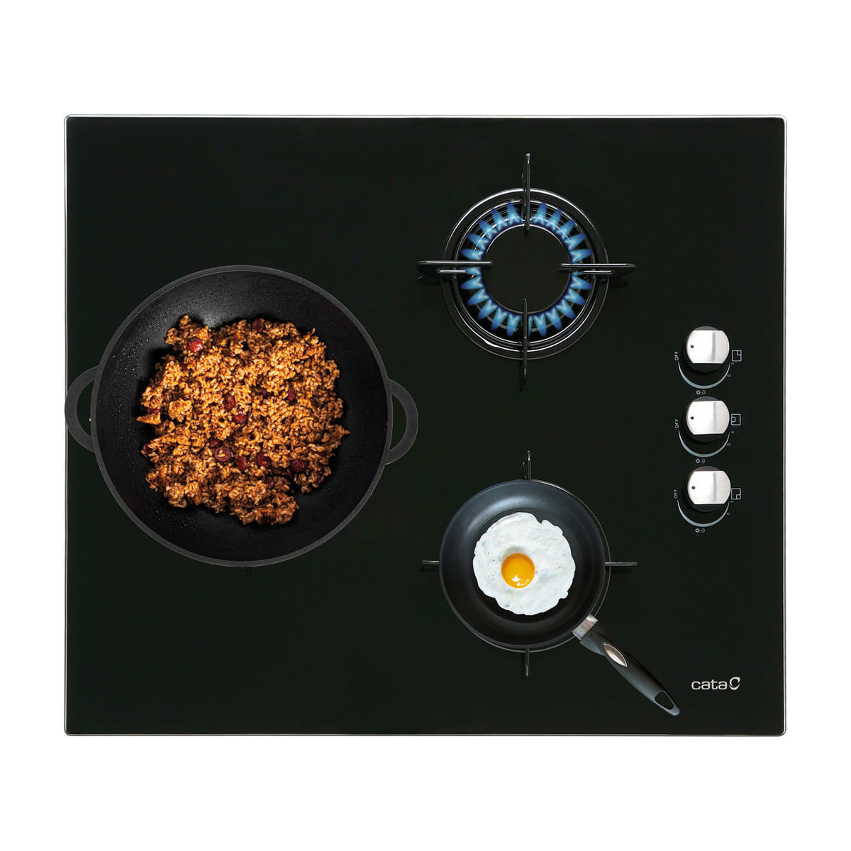 Placa de gas Cata CI 6021 BK de cristal negro, 3 zonas y 59 cm