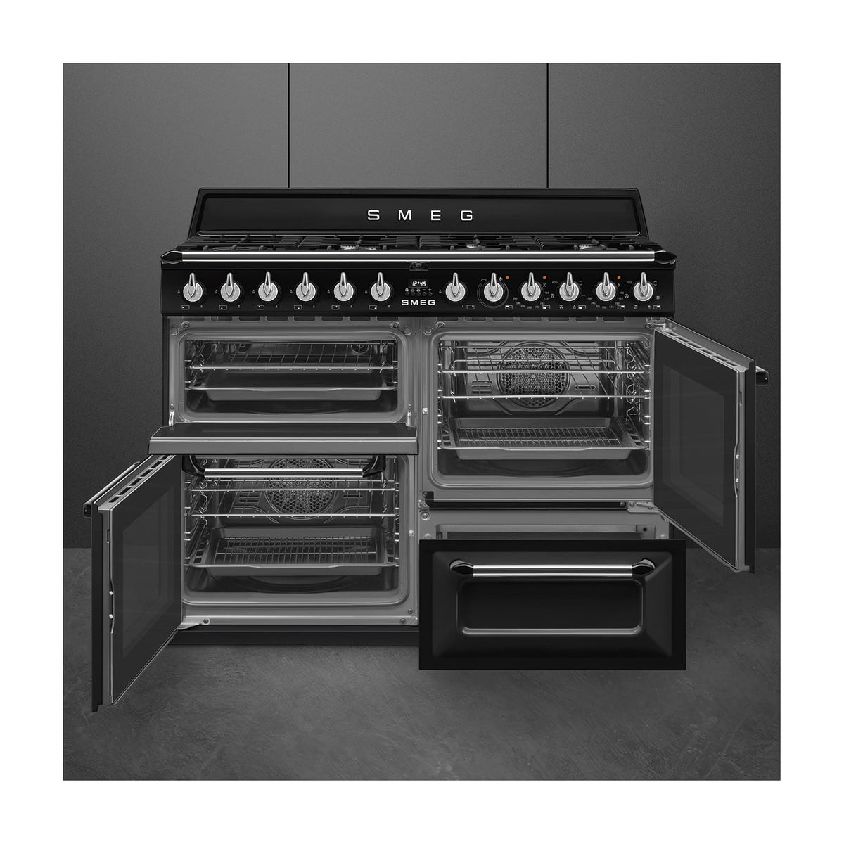 Cocina de gas Smeg TR4110BL1 Victoria de 110 cm con tres hornos eléctricos