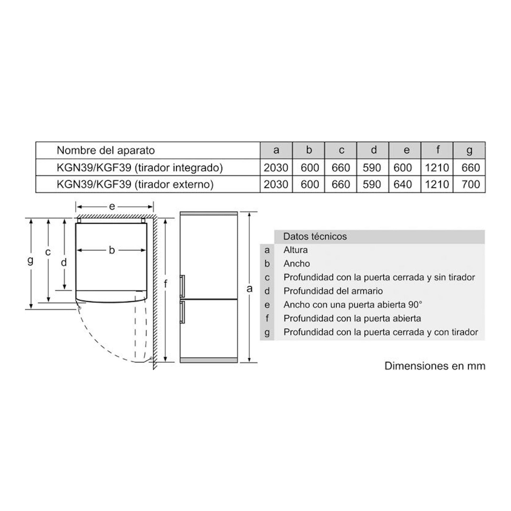 Bosch KGN39VWEB blanco: esquema técnico con medidas y vistas frontal y lateral del frigorífico combi.