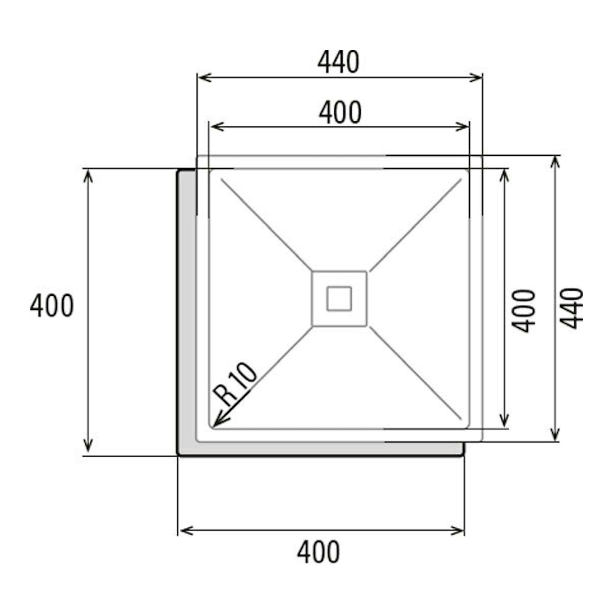 Cata CB 40-40 P R10, dibujo técnico en vista superior de fregadero cuadrado 400x400 mm, con cota exterior 440 mm.