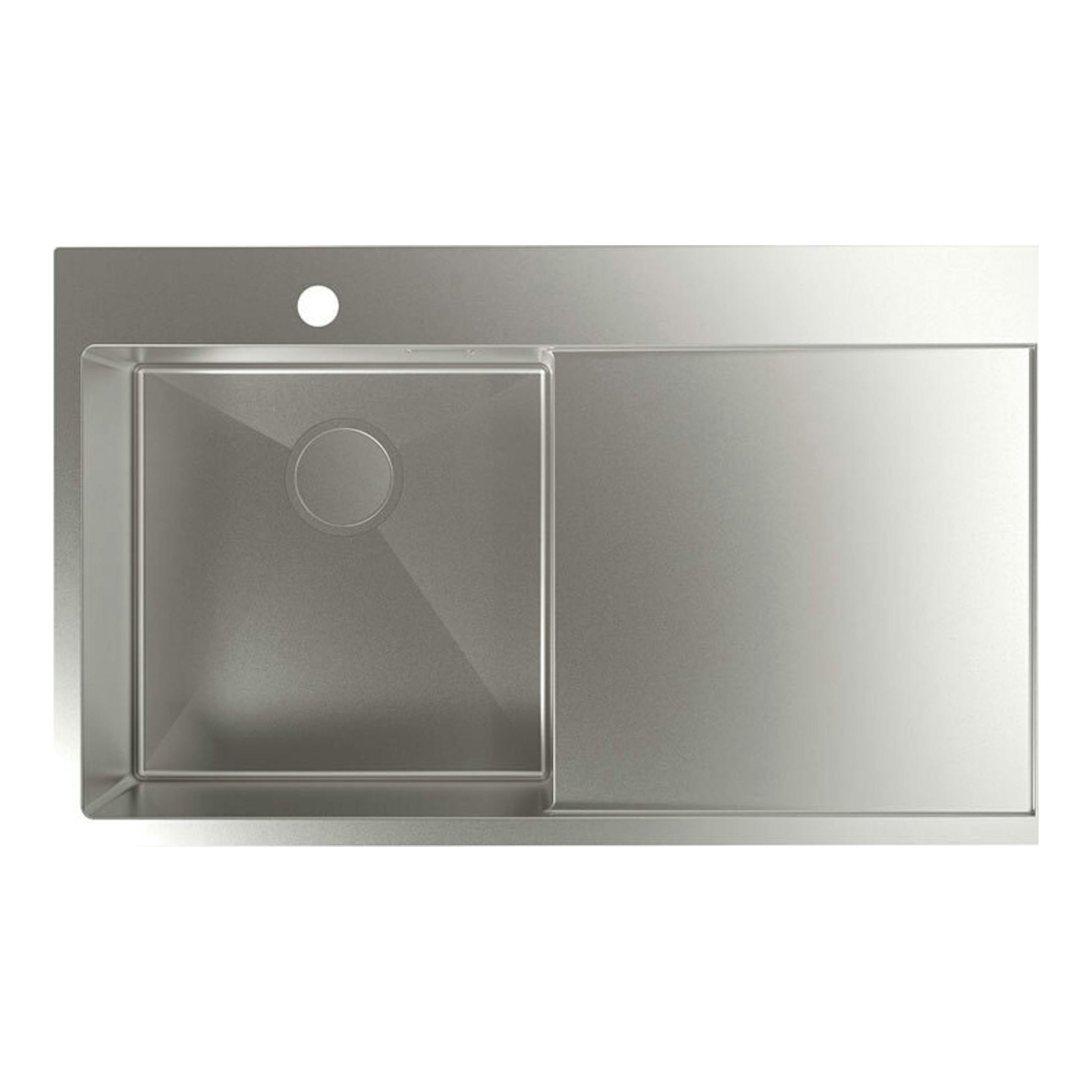 Fregadero Cata CBS-1 40.40 D R10 de acero inoxidable, vista superior, con cubeta izquierda y escurridor derecho.