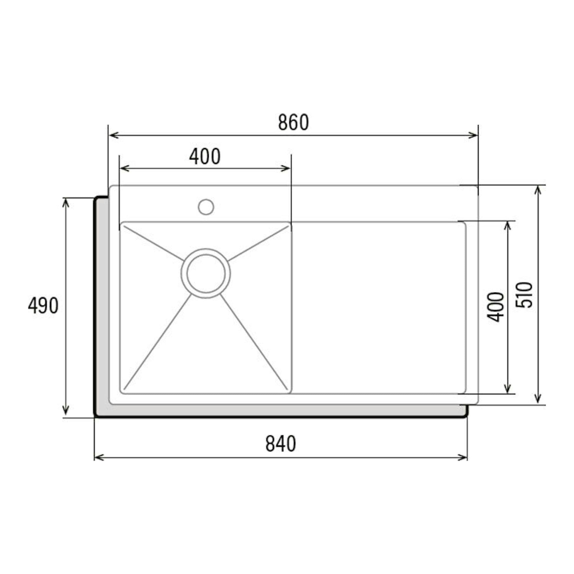 Dibujo técnico del fregadero Cata CBS-1 40.40 D R10, vista superior, una cubeta con escurridor, en blanco.