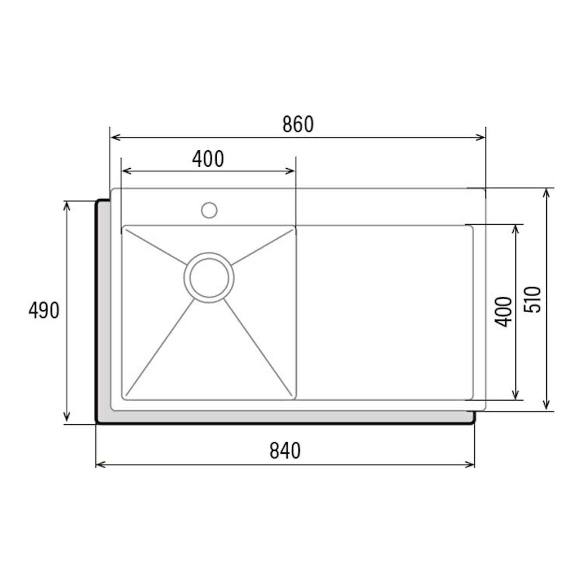 Dibujo técnico del fregadero Cata CBS-1 40.40 D R10, vista superior, una cubeta con escurridor, en blanco.