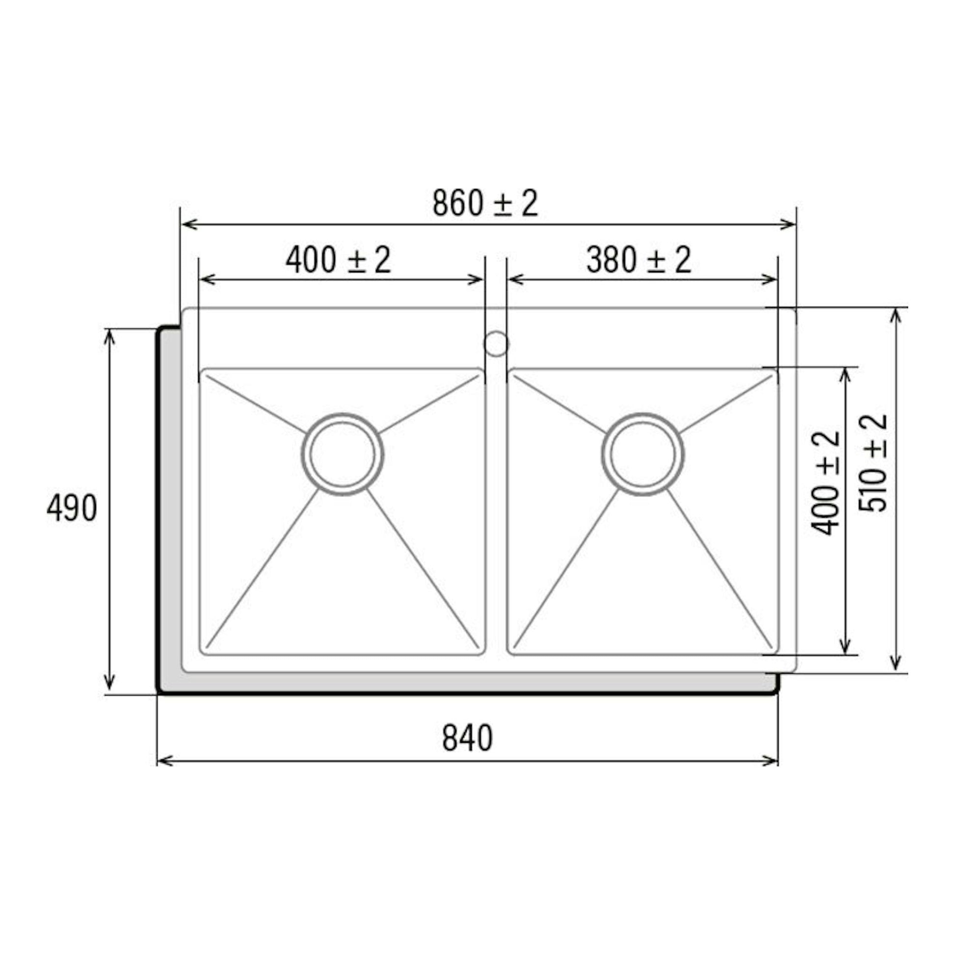 Fregadero Cata CBS-2 40.40 R10, vista superior de lavabo doble rectangular con cotas en gris.