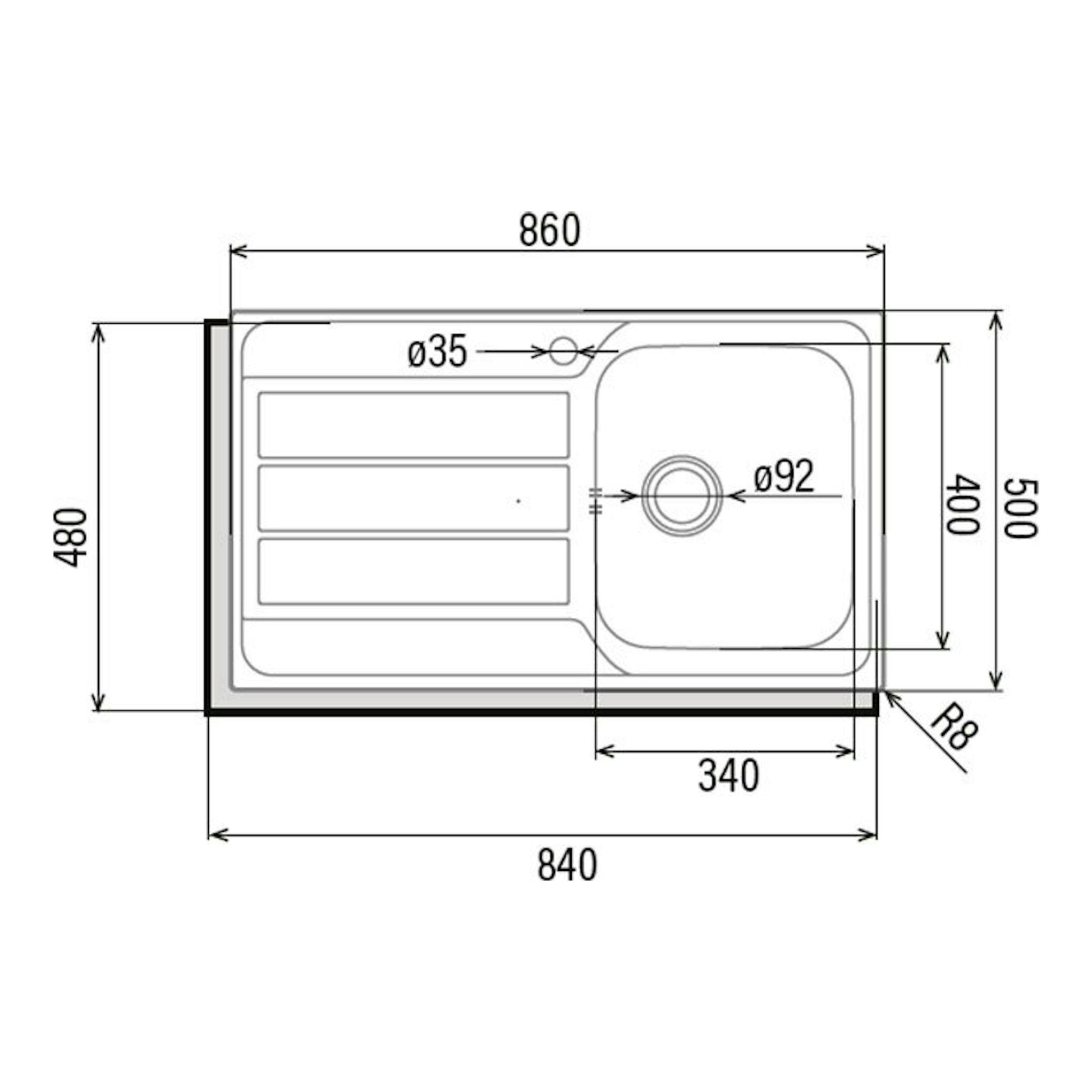 Cata CDP-1 EI: dibujo técnico en vista superior de fregadero de acero inoxidable, con escurridor y una cuba.