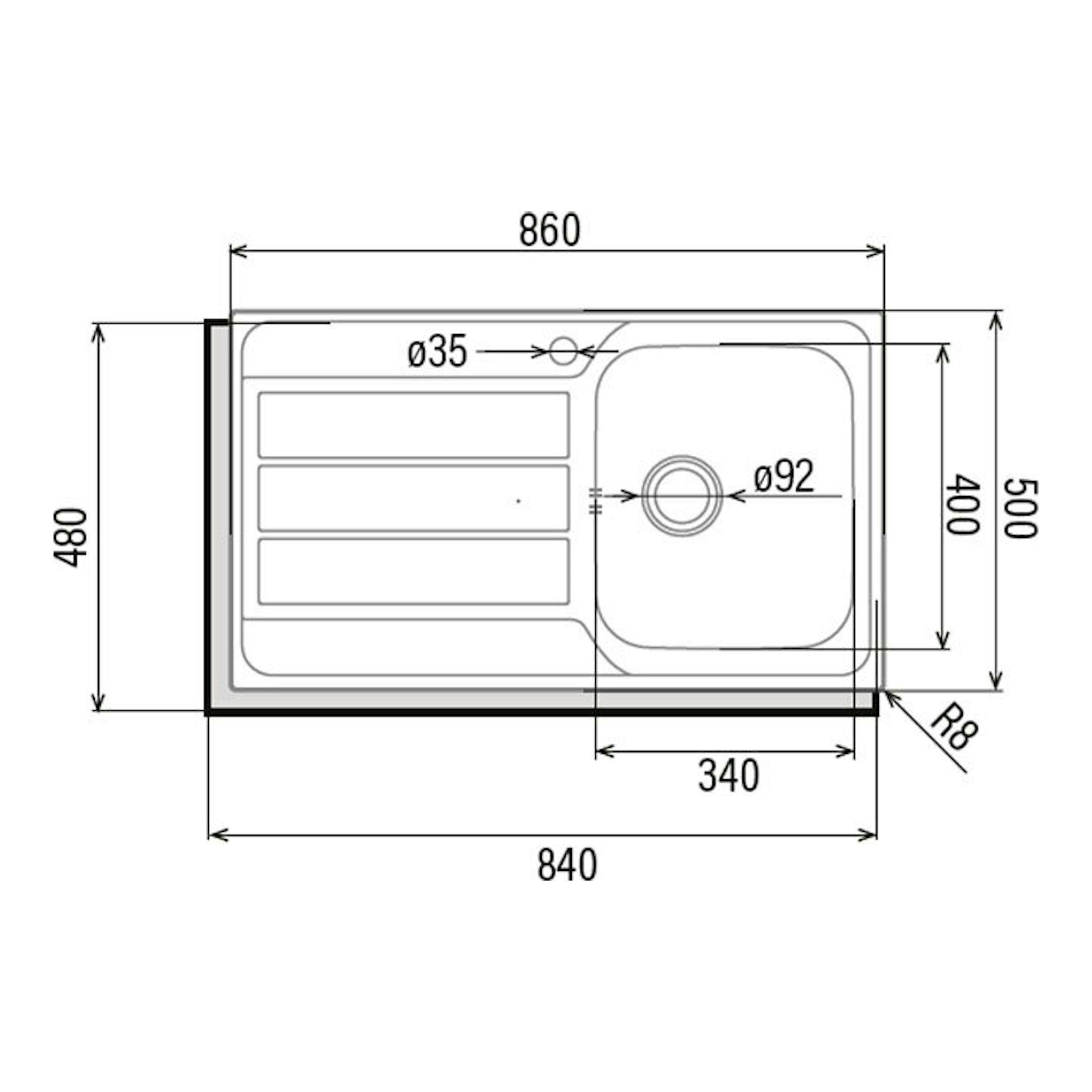 Cata CDP-1 EI: dibujo técnico en vista superior de fregadero de acero inoxidable, con escurridor y una cuba.
