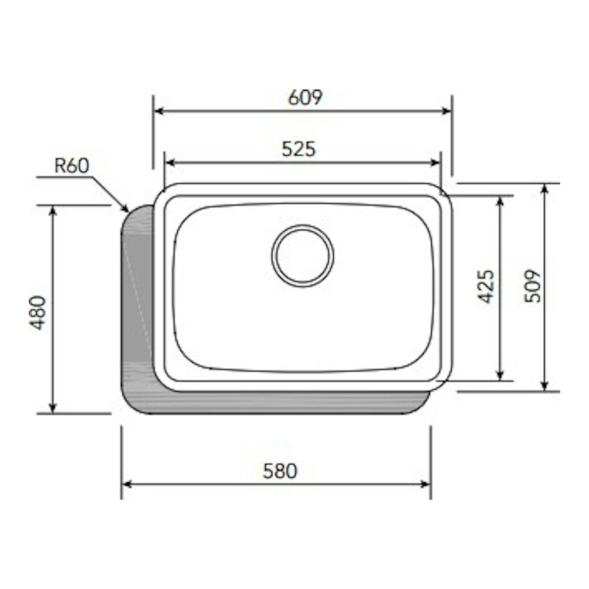 Plano superior del fregadero Cata CSS60-1 de acero inoxidable, una cubeta, con medidas en mm.