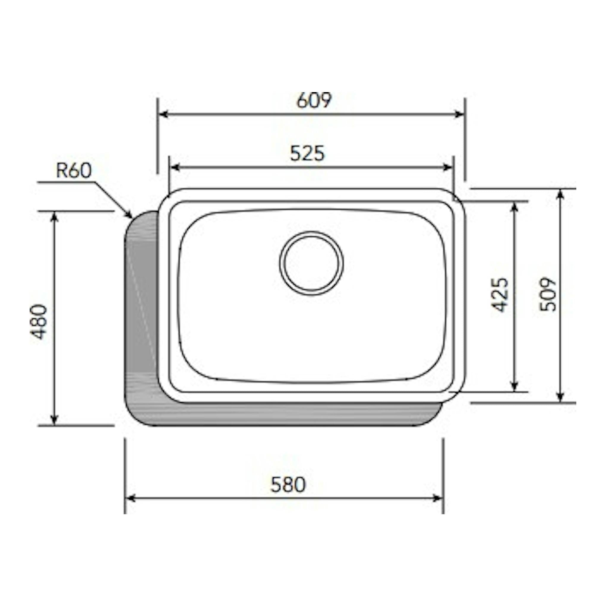 Plano superior del fregadero Cata CSS60-1 de acero inoxidable, una cubeta, con medidas en mm.