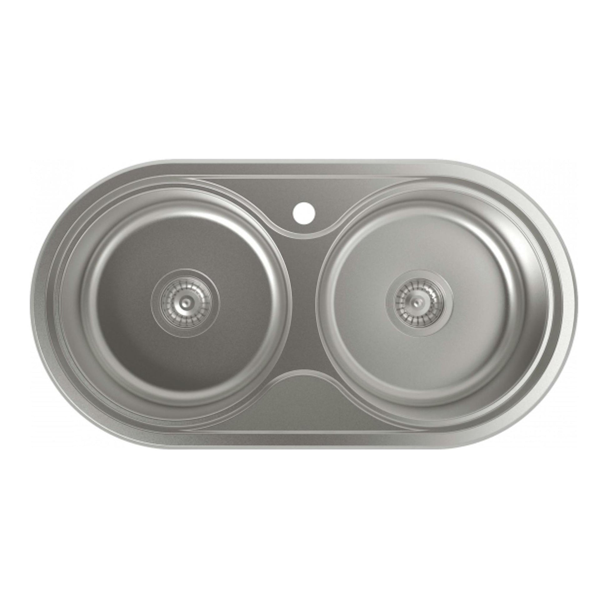 Fregadero Cata R-2 AG de acero inoxidable, vista cenital, con 2 cubetas ovaladas y orificio central.