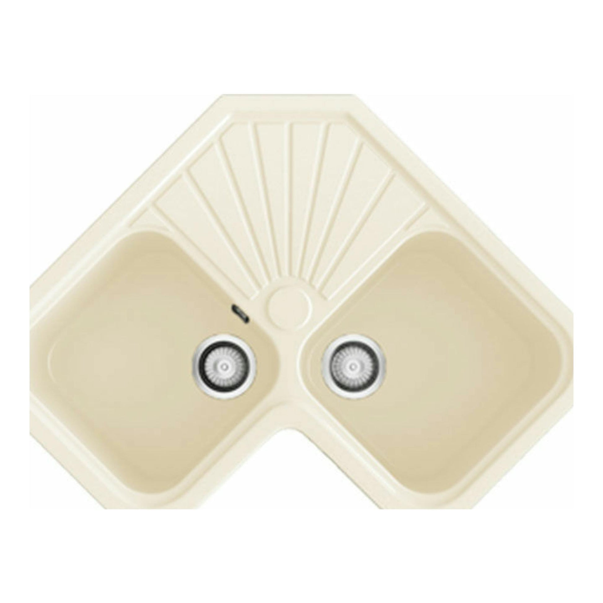 Fregadero Poalgi Ágata Pergamon brillo, vista cenital, doble seno beige con escurridor.