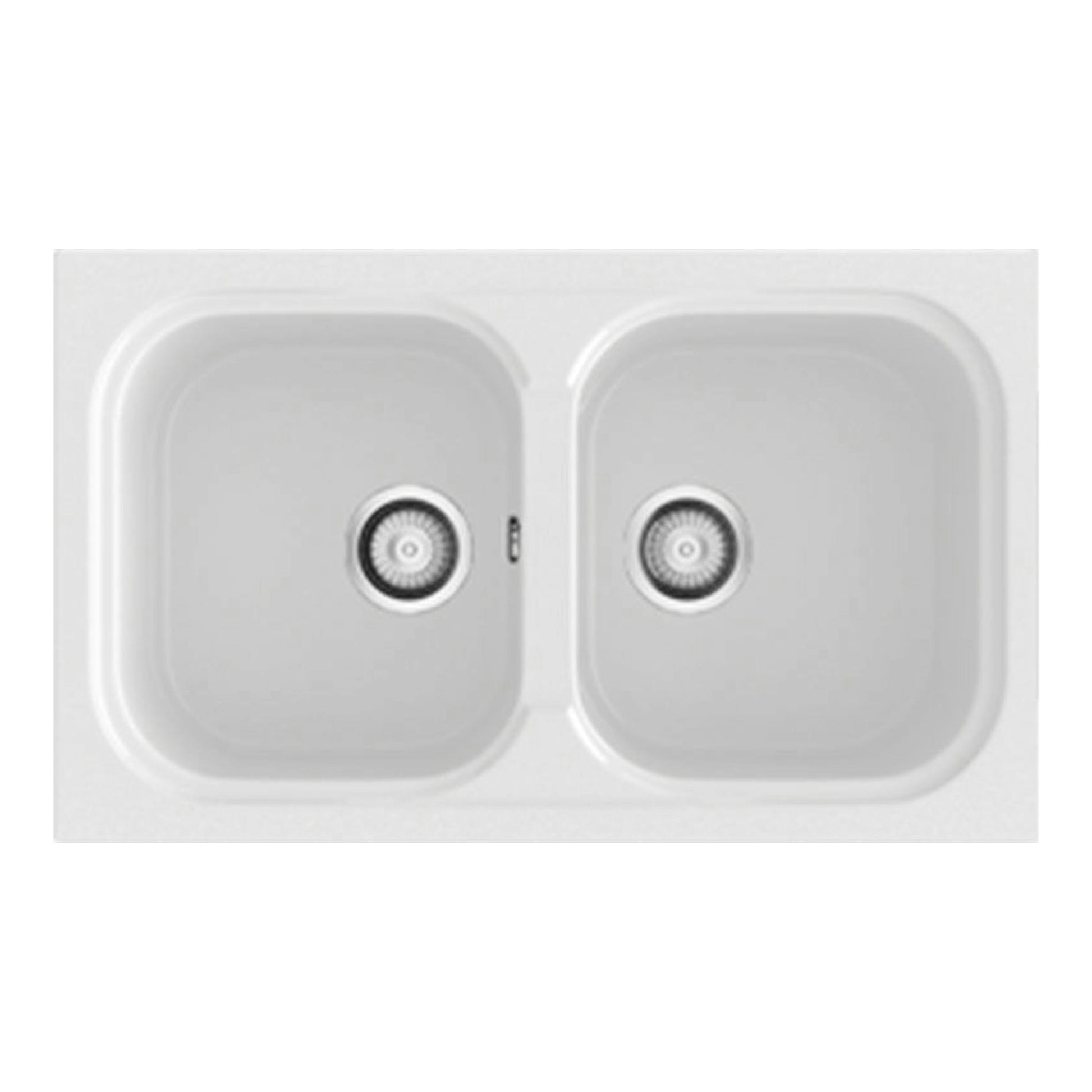 Fregadero Poalgi Amatista blanco brillo, vista superior, doble seno rectangular con dos desagües.