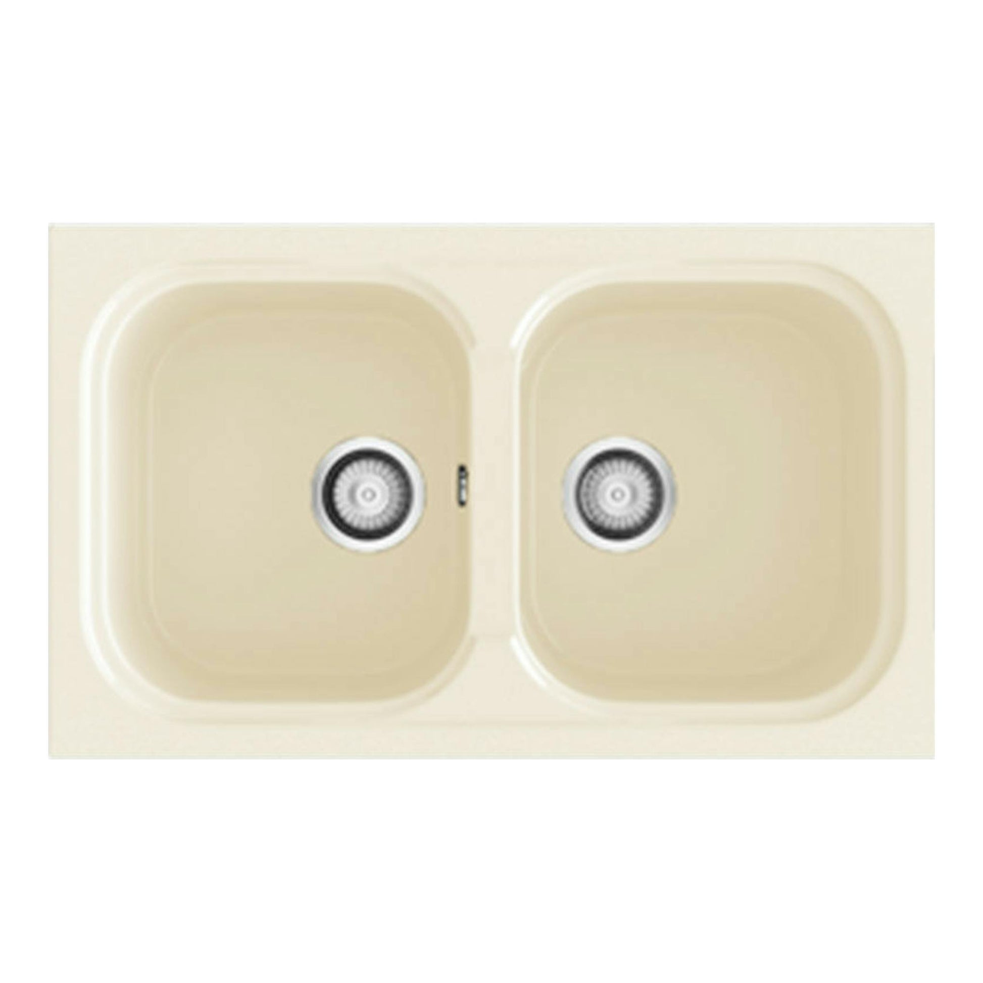 Fregadero Poalgi Amatista Pergamon Brillo, vista cenital, doble seno rectangular beige.