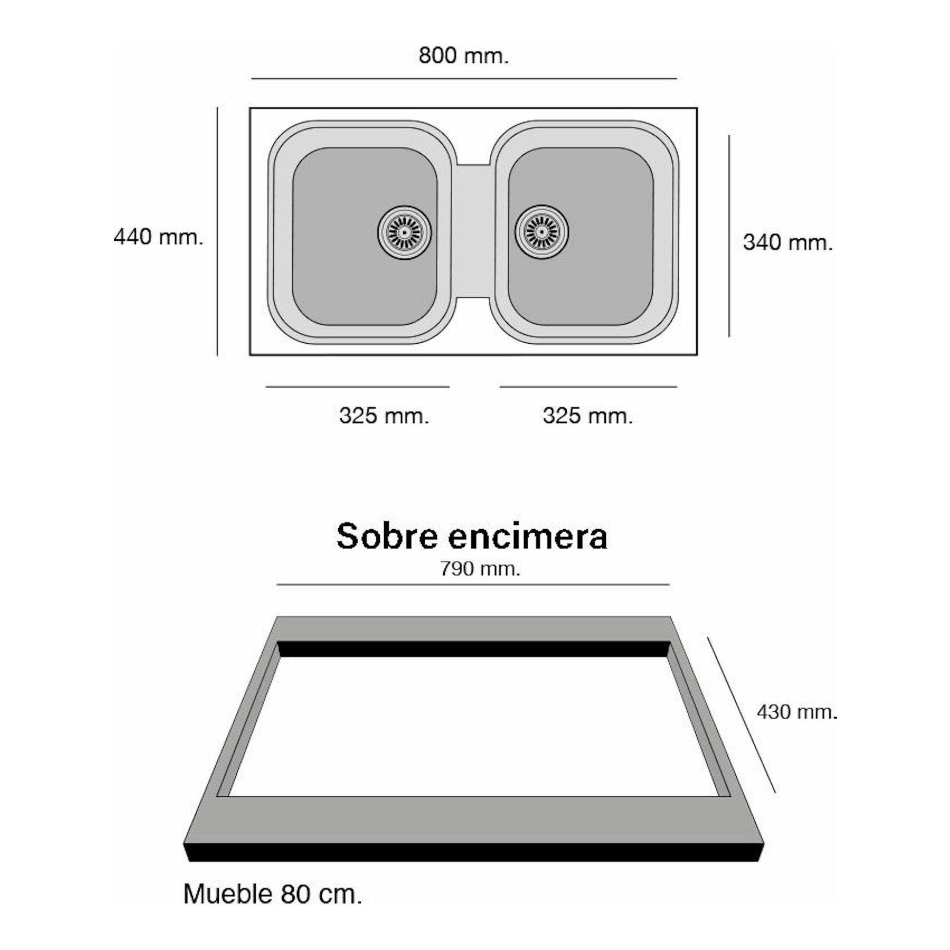 Poalgi Amatista Pergamon brillo, fregadero doble sobre encimera, vista superior y lateral con medidas.