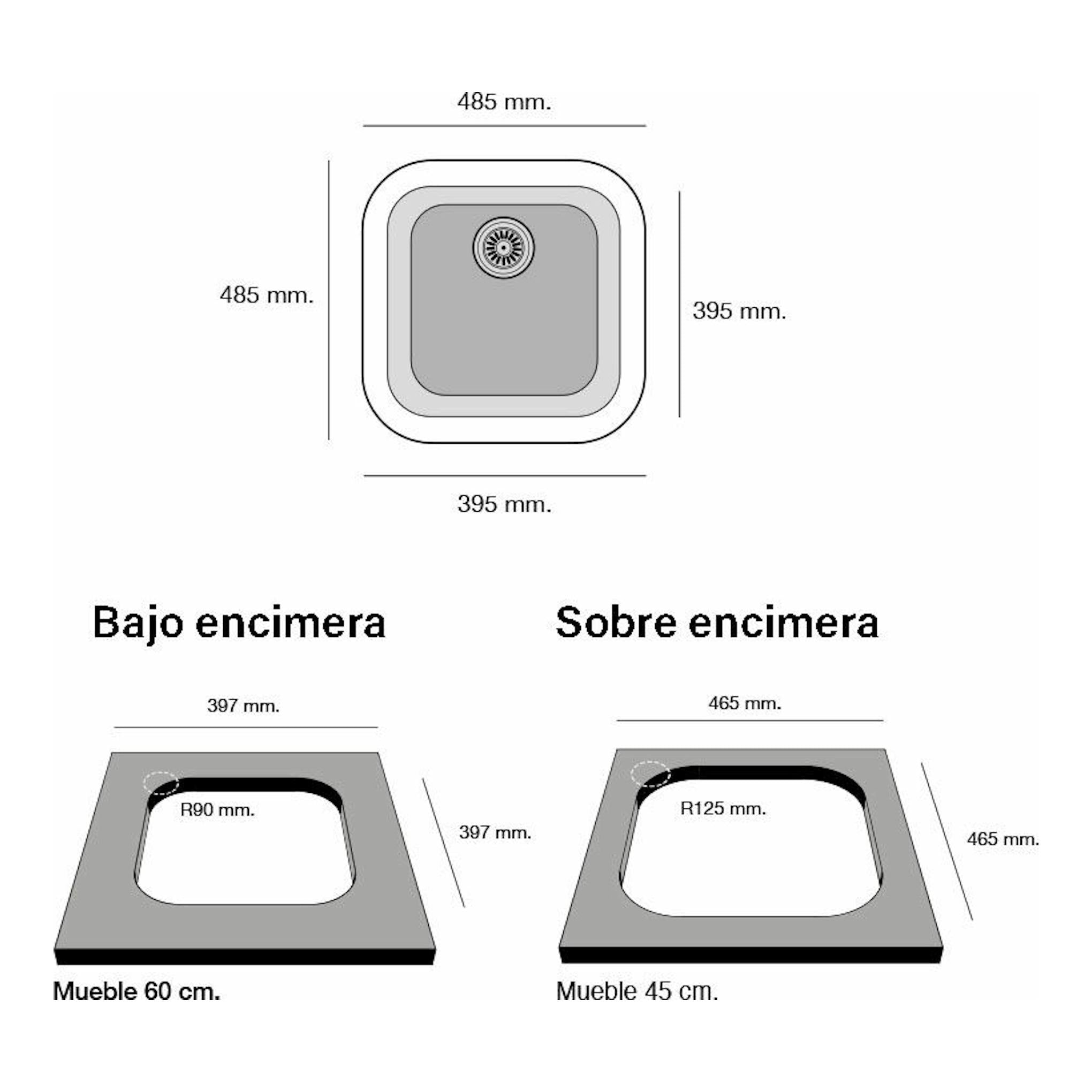 Diagrama técnico del fregadero Poalgi Ambar, vista superior y de instalación bajo/sobre encimera, pergamón brillo.
