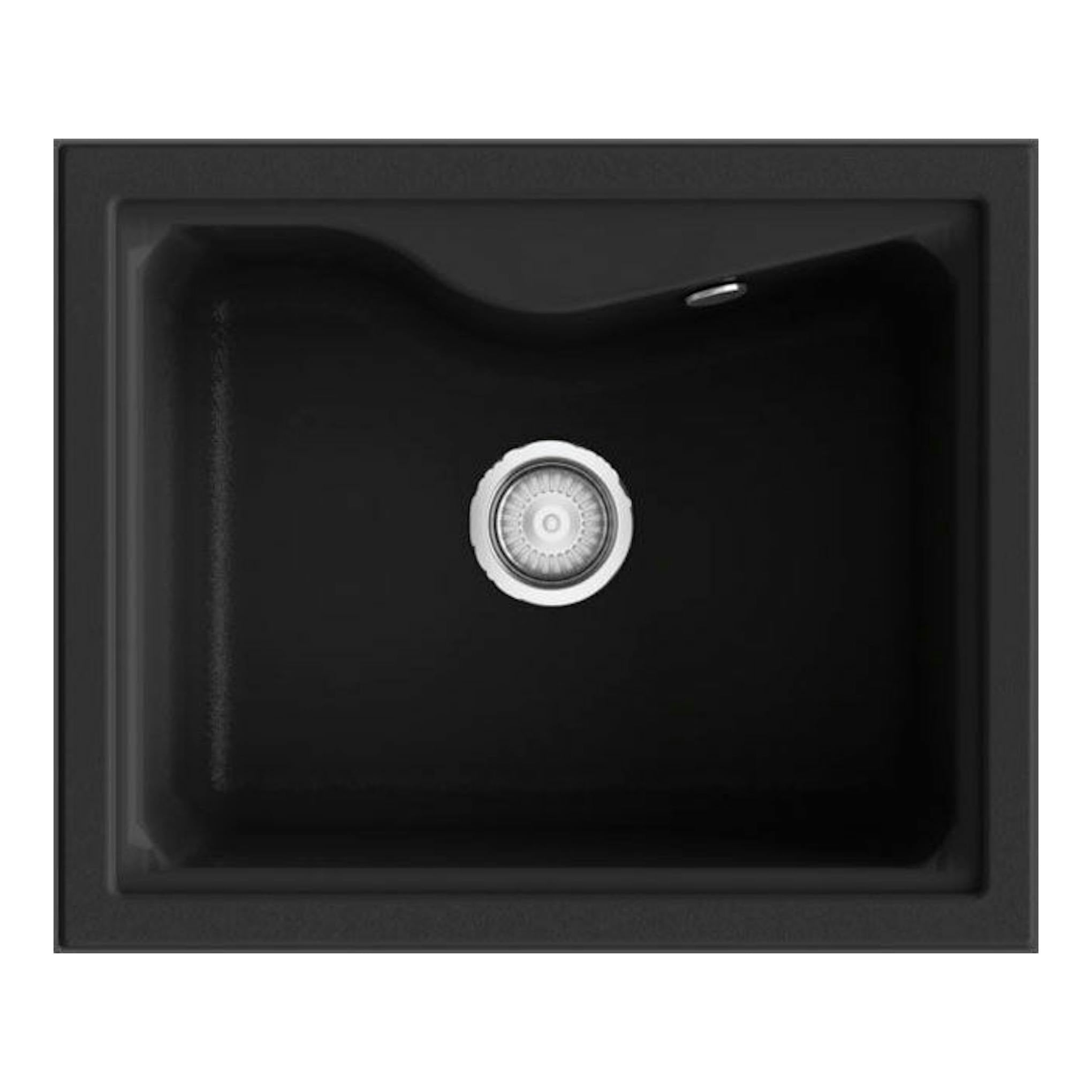 Fregadero Poalgi City 1C negro brillante, vista cenital, con cubeta única y desagüe central.