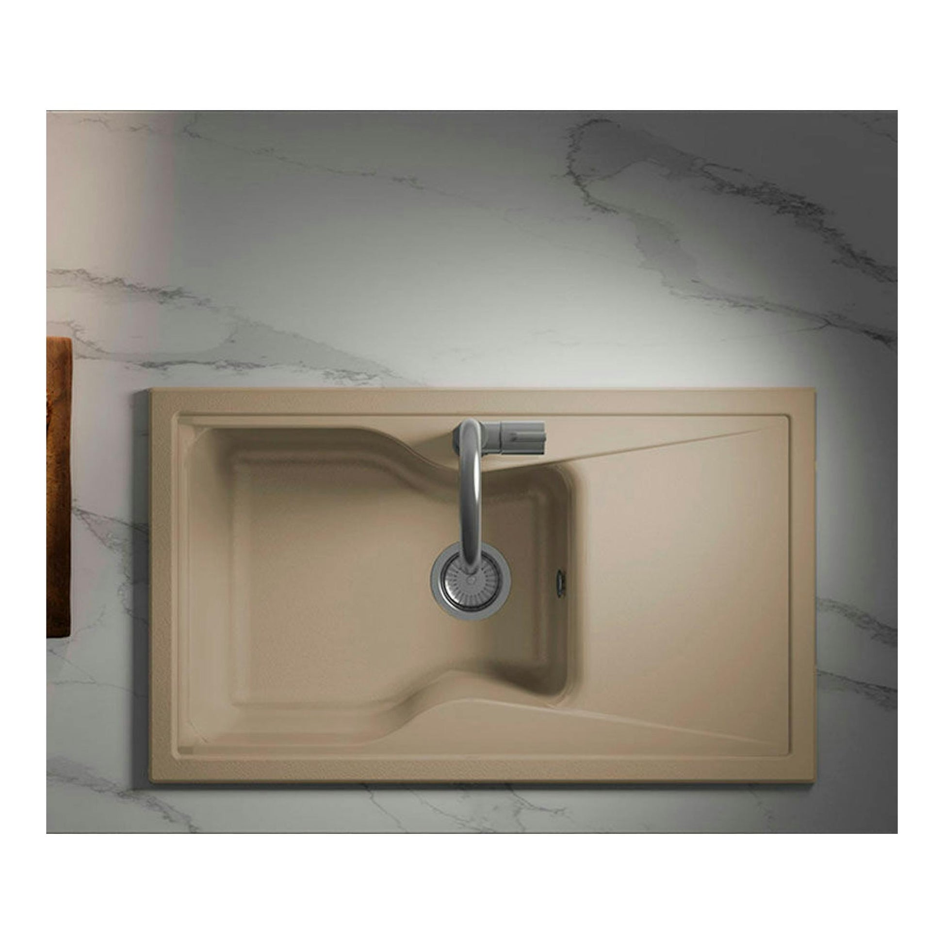 Fregadero Poalgi City 1C+E Albero brillo, vista cenital, lavabo beige con grifo sobre encimera marmoleada.