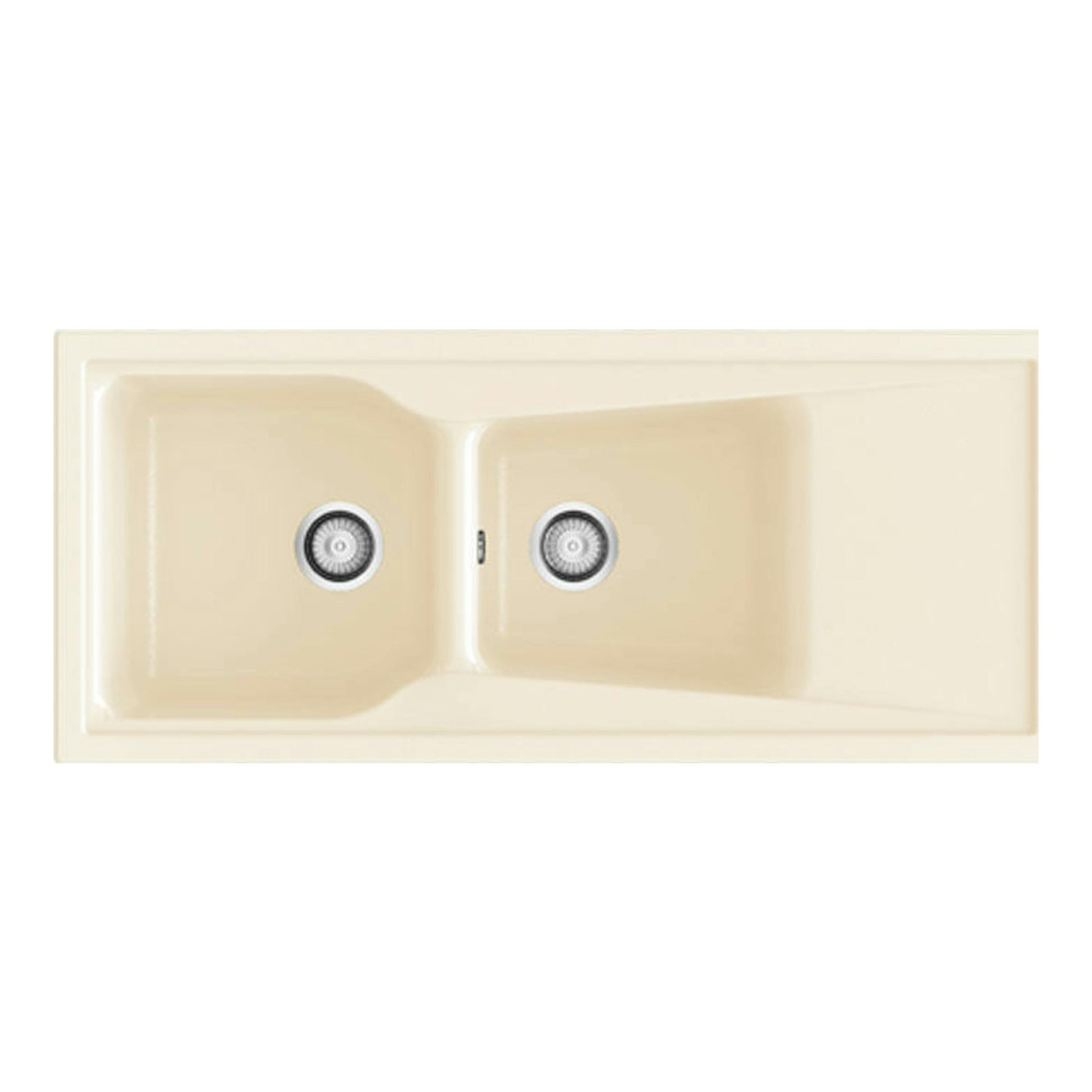 Fregadero Poalgi City 2C+E Pergamon Mate, vista superior, doble seno rectangular beige.