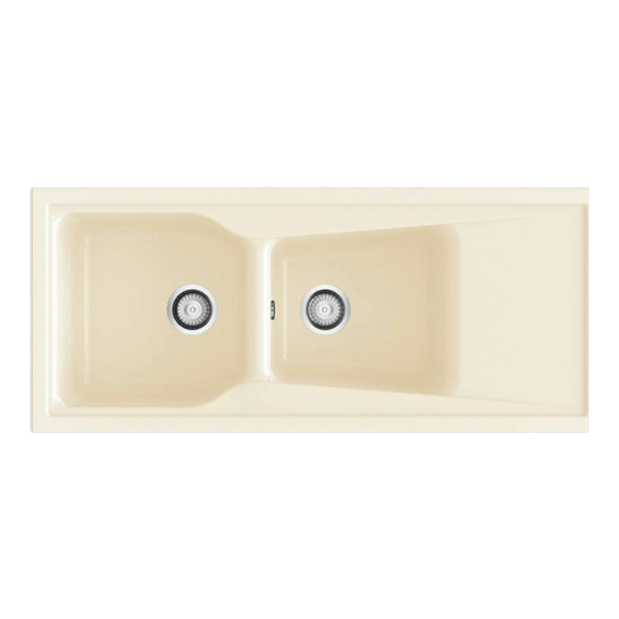 Fregadero Poalgi City 2C+E Pergamon Mate, vista superior, doble seno rectangular beige.