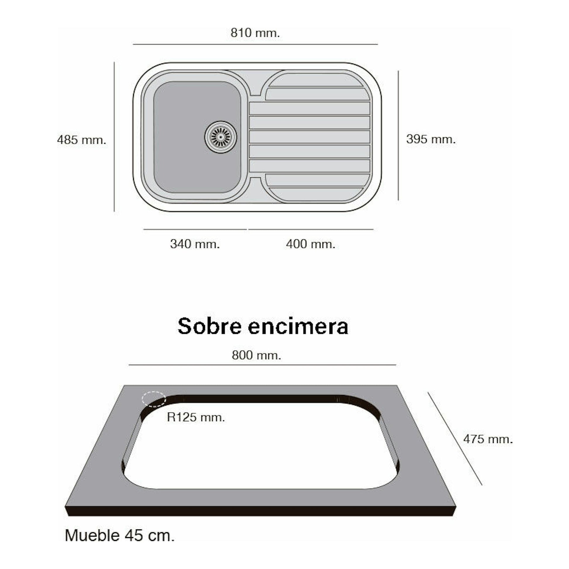 Fregadero Poalgi Coral Negro Liso Brillo, esquema técnico en vista superior de cubeta y escurridor con medidas.