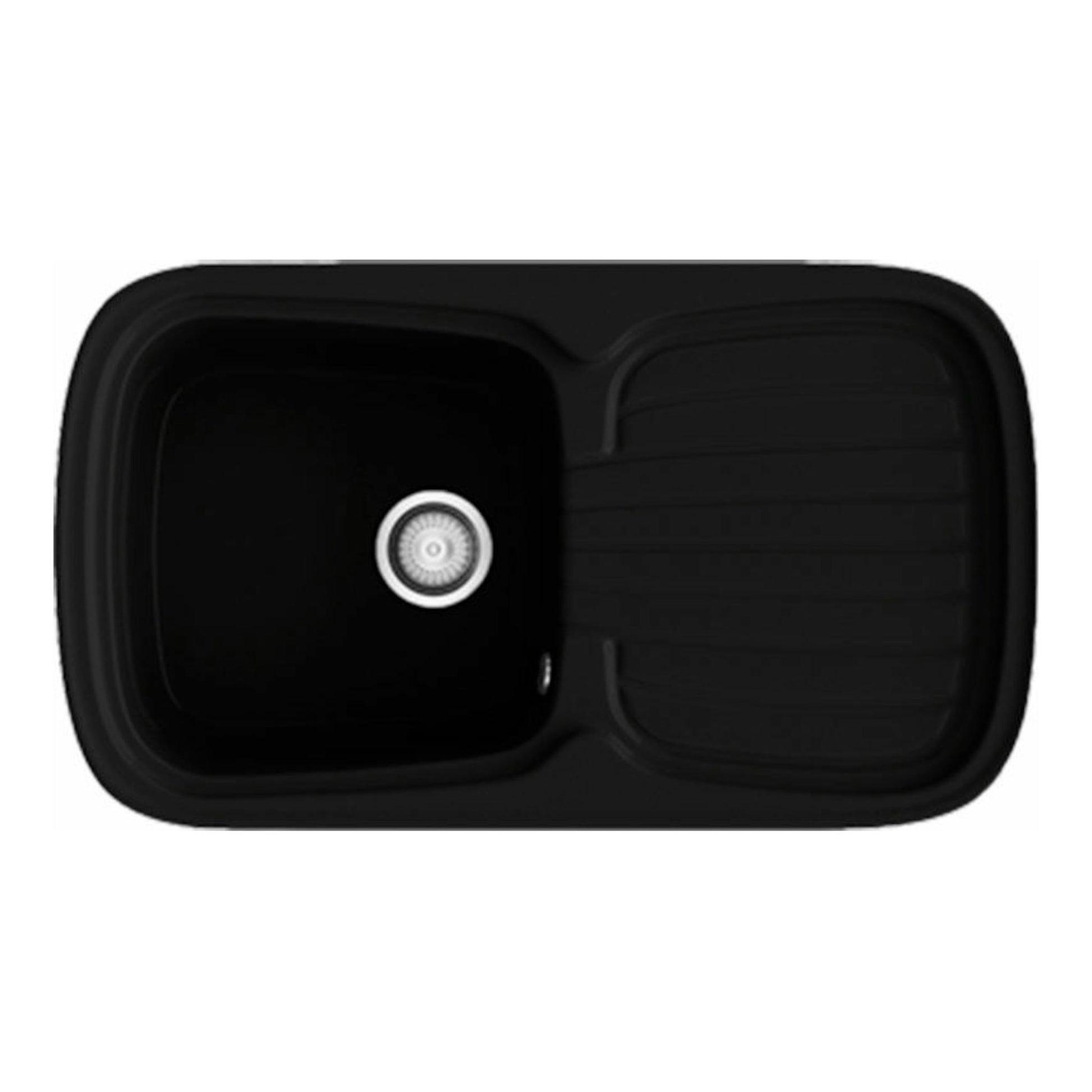 Fregadero Poalgi Diamante negro liso brillo, vista superior, una cubeta y escurridor a la derecha.