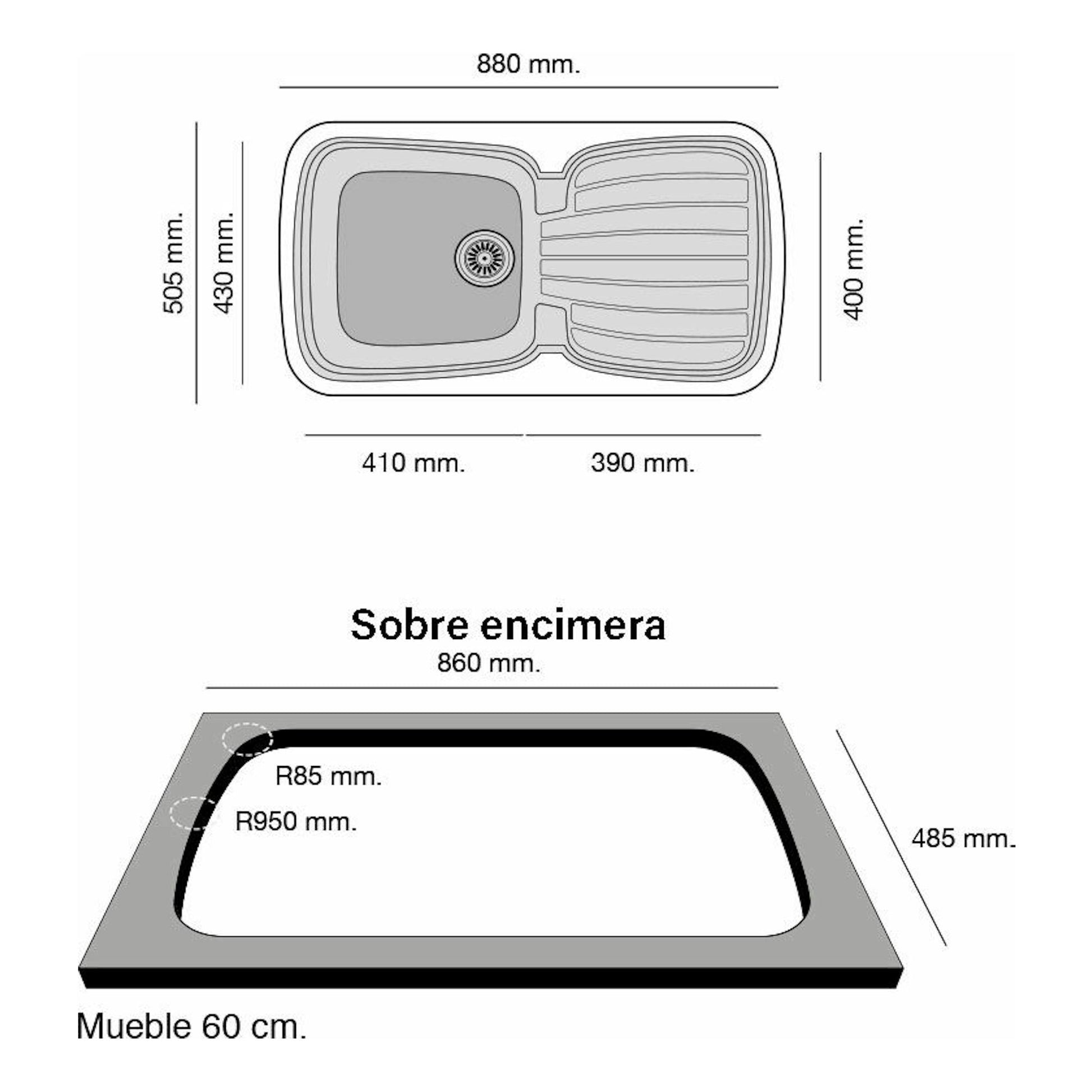 Fregadero Poalgi Diamante Pergamon brillo, vista superior y esquema de instalación sobre encimera con medidas.