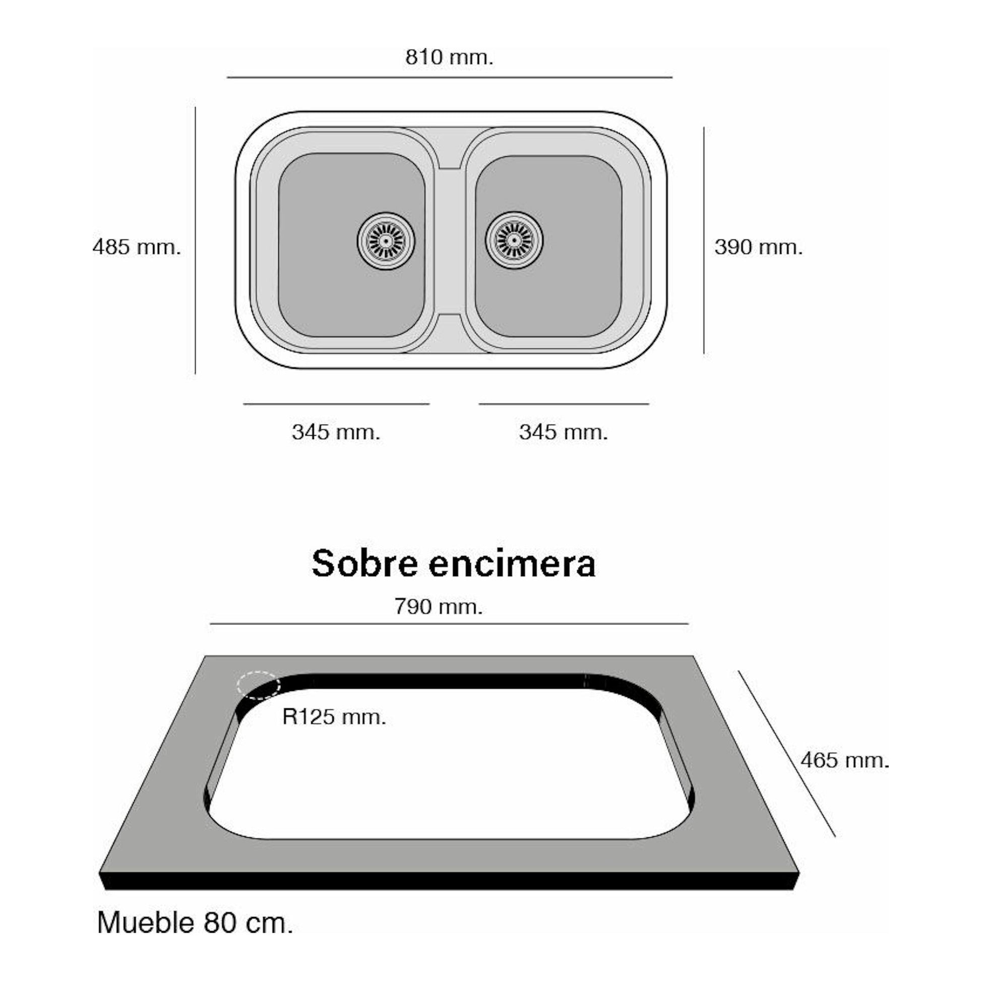 Fregadero Poalgi Esmeralda Pergamon Brillo, vista superior de doble seno y esquema sobre encimera con medidas.