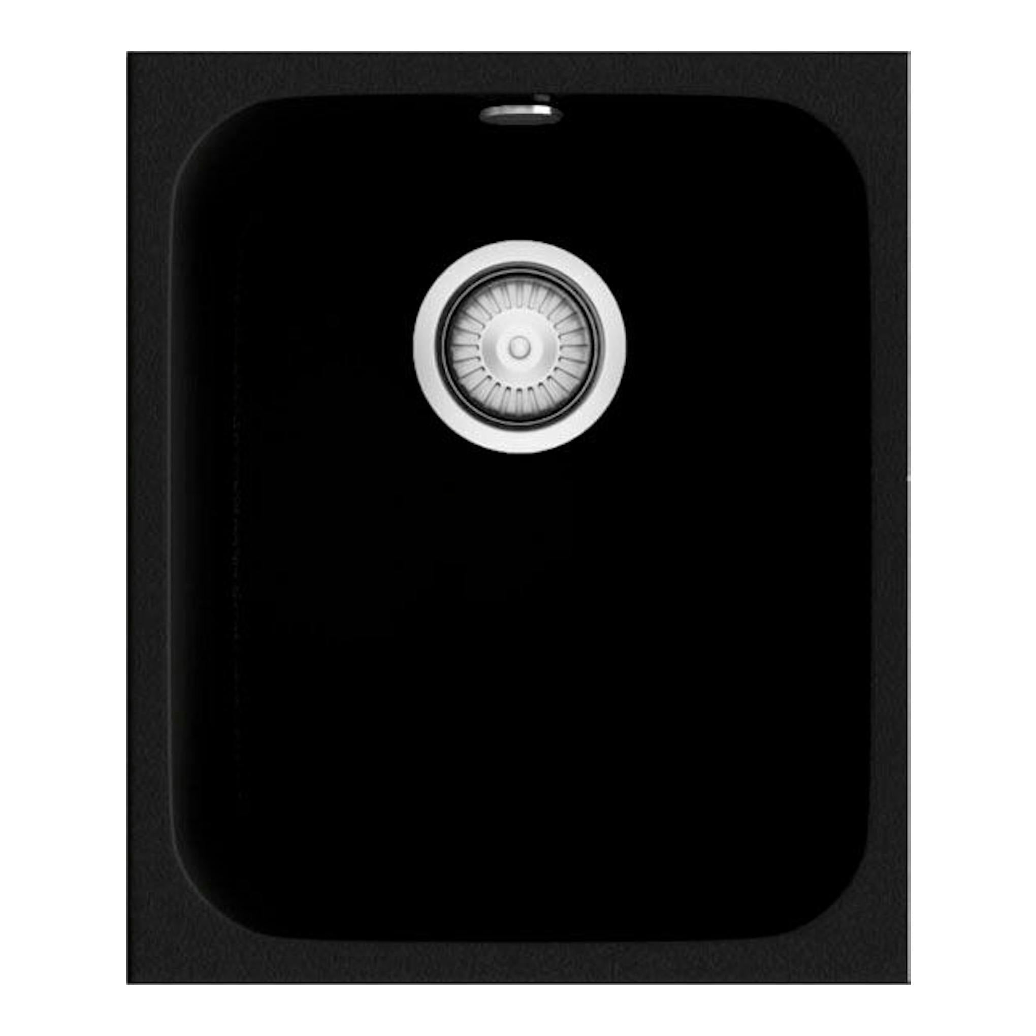 Fregadero Poalgi Essenzial 35 Basalto negro, vista superior, con desagüe centrado.