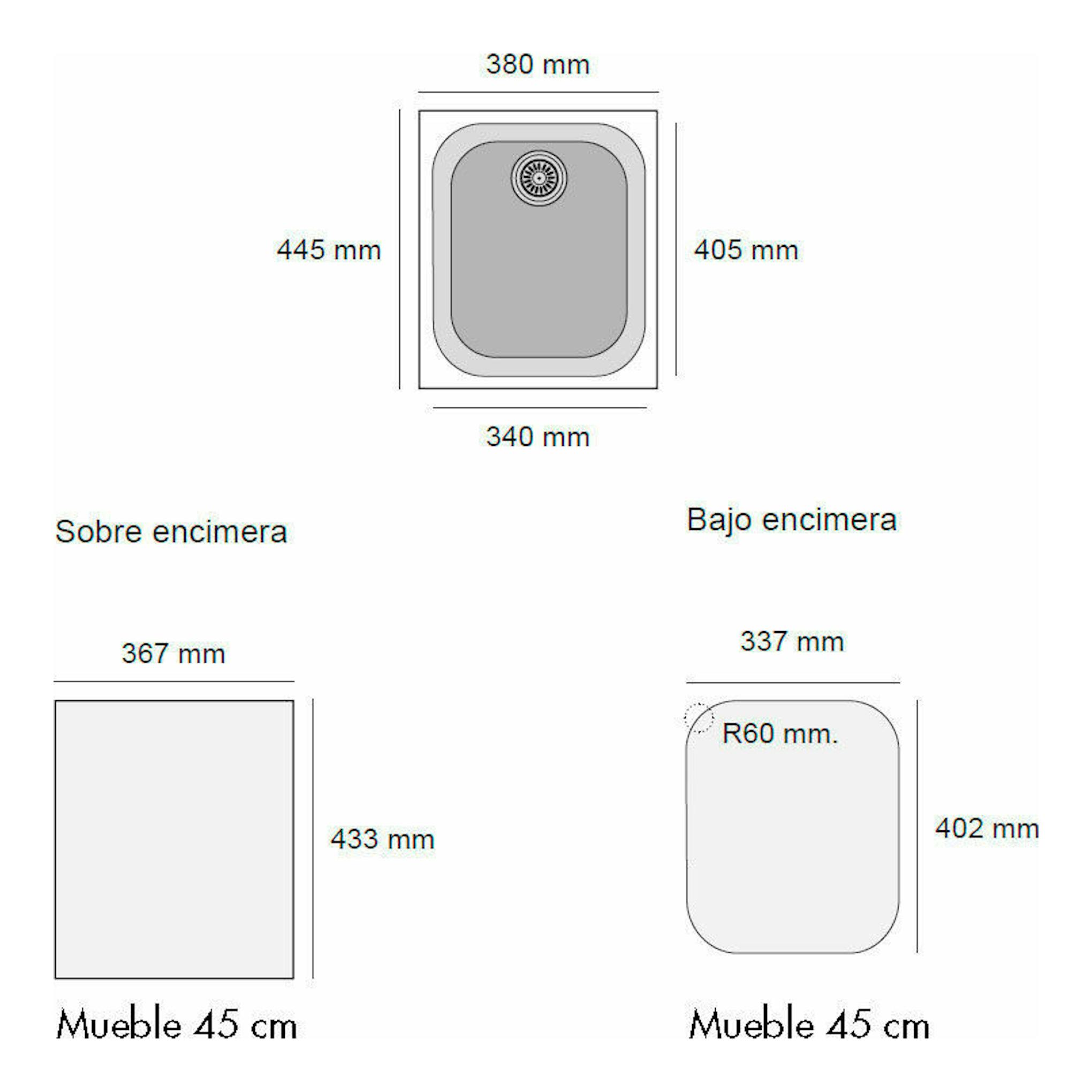 Diagrama técnico del fregadero Poalgi Essenzial 35 Basalto, vista superior y montajes sobre y bajo encimera.