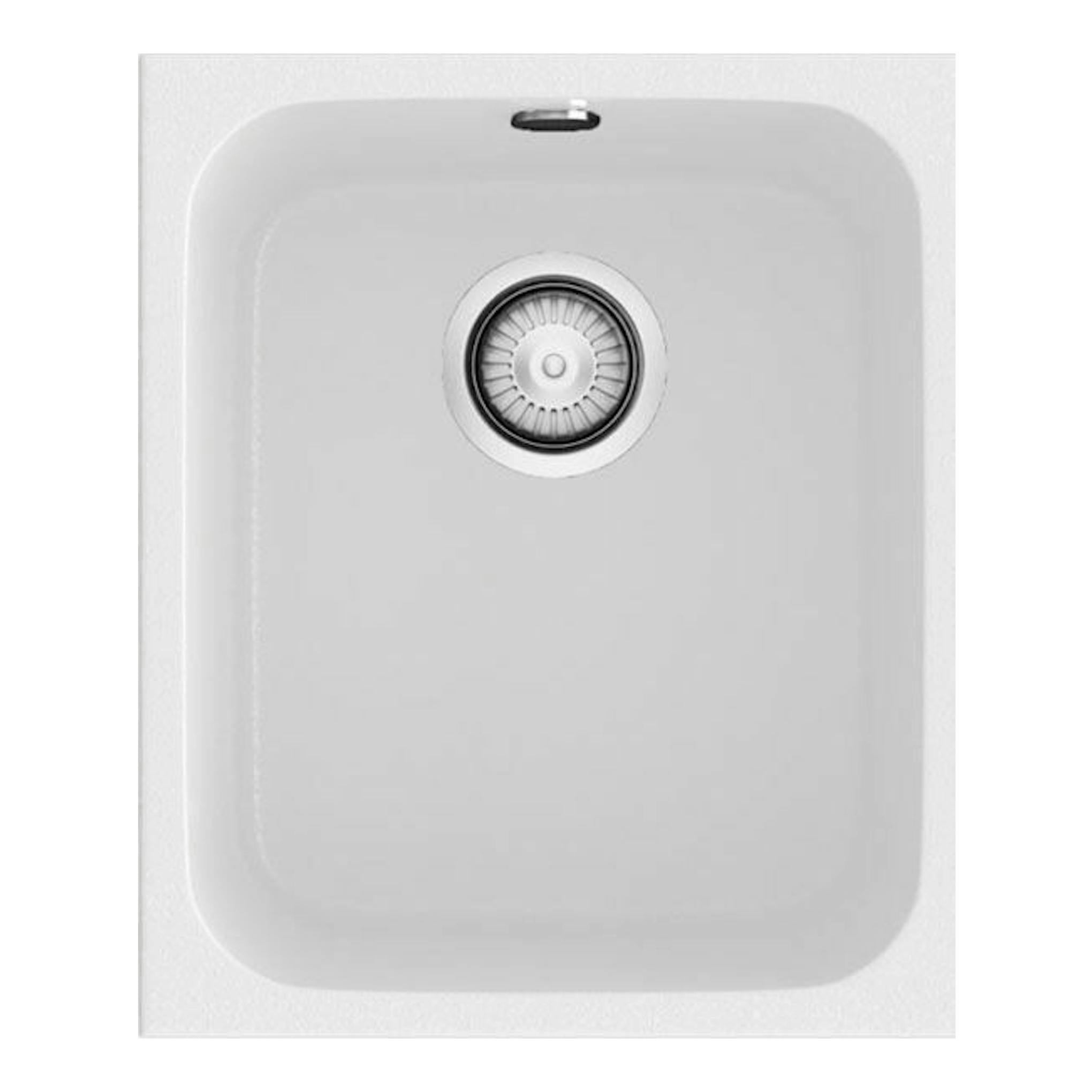 Fregadero Poalgi Essenzial 35 blanco, vista superior frontal, con un seno rectangular y desagüe central.