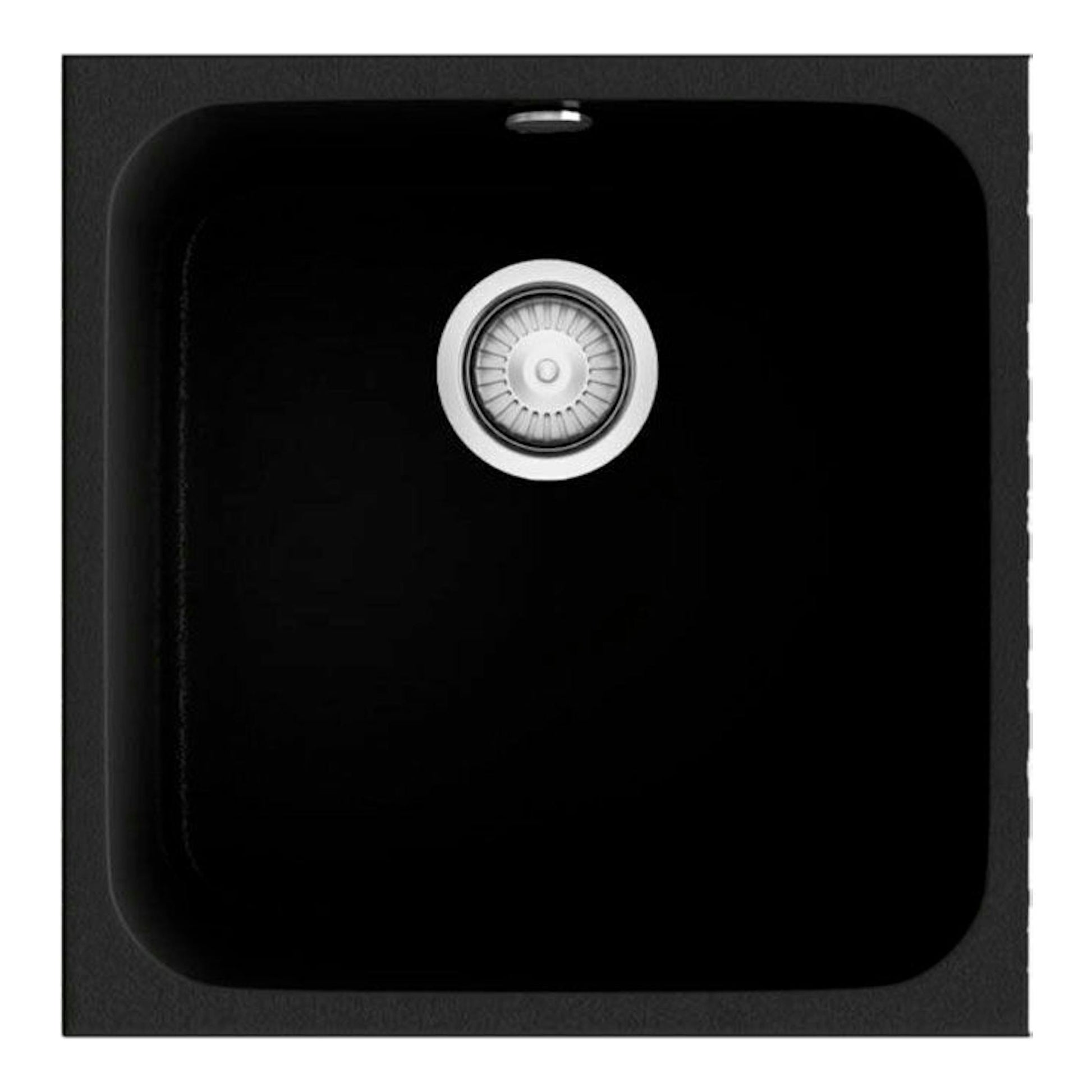Fregadero Poalgi Essenzial 40 Basalto, vista superior, cubeta cuadrada negra con desagüe central.