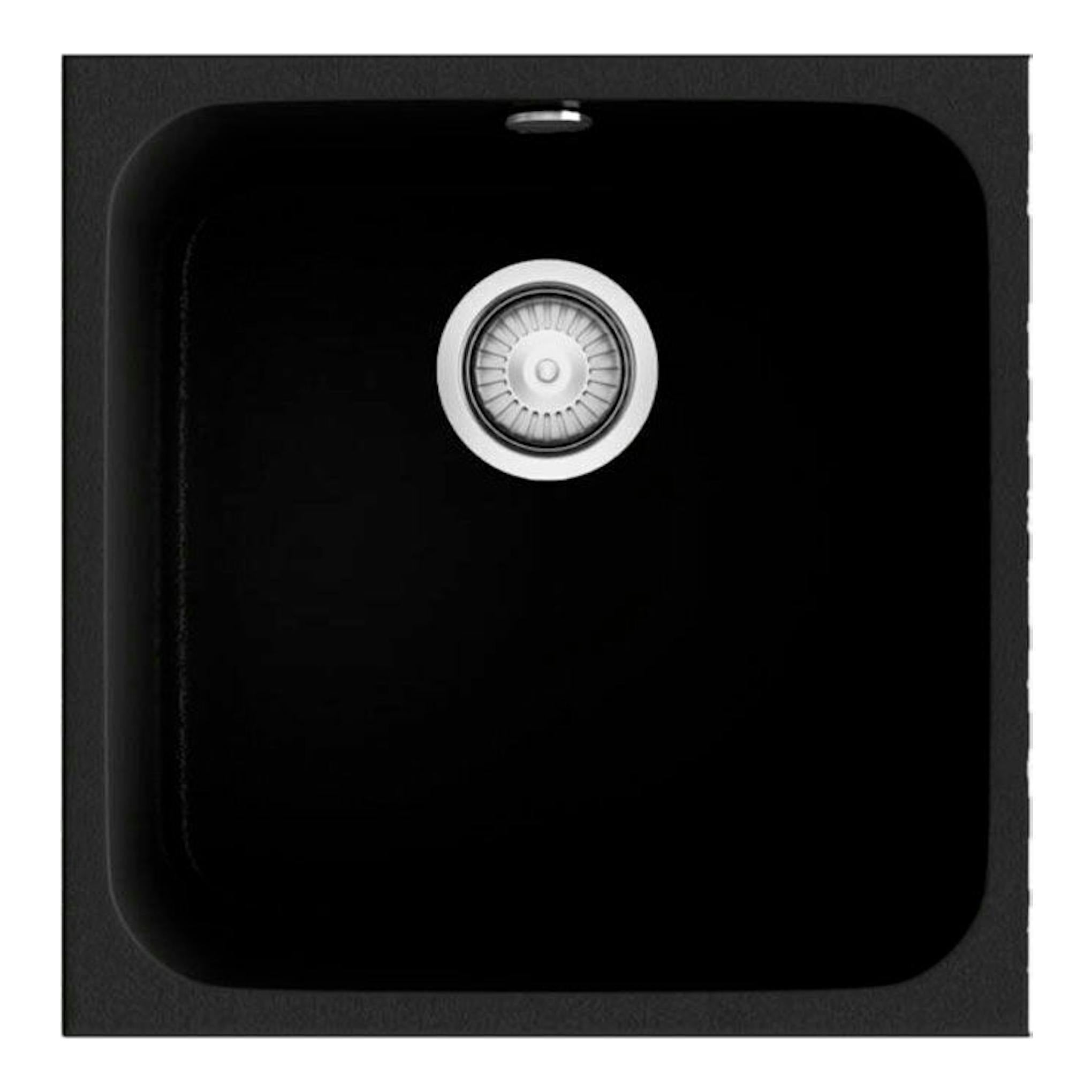 Fregadero Poalgi Essenzial 40 Basalto, vista superior, cubeta cuadrada negra con desagüe central.