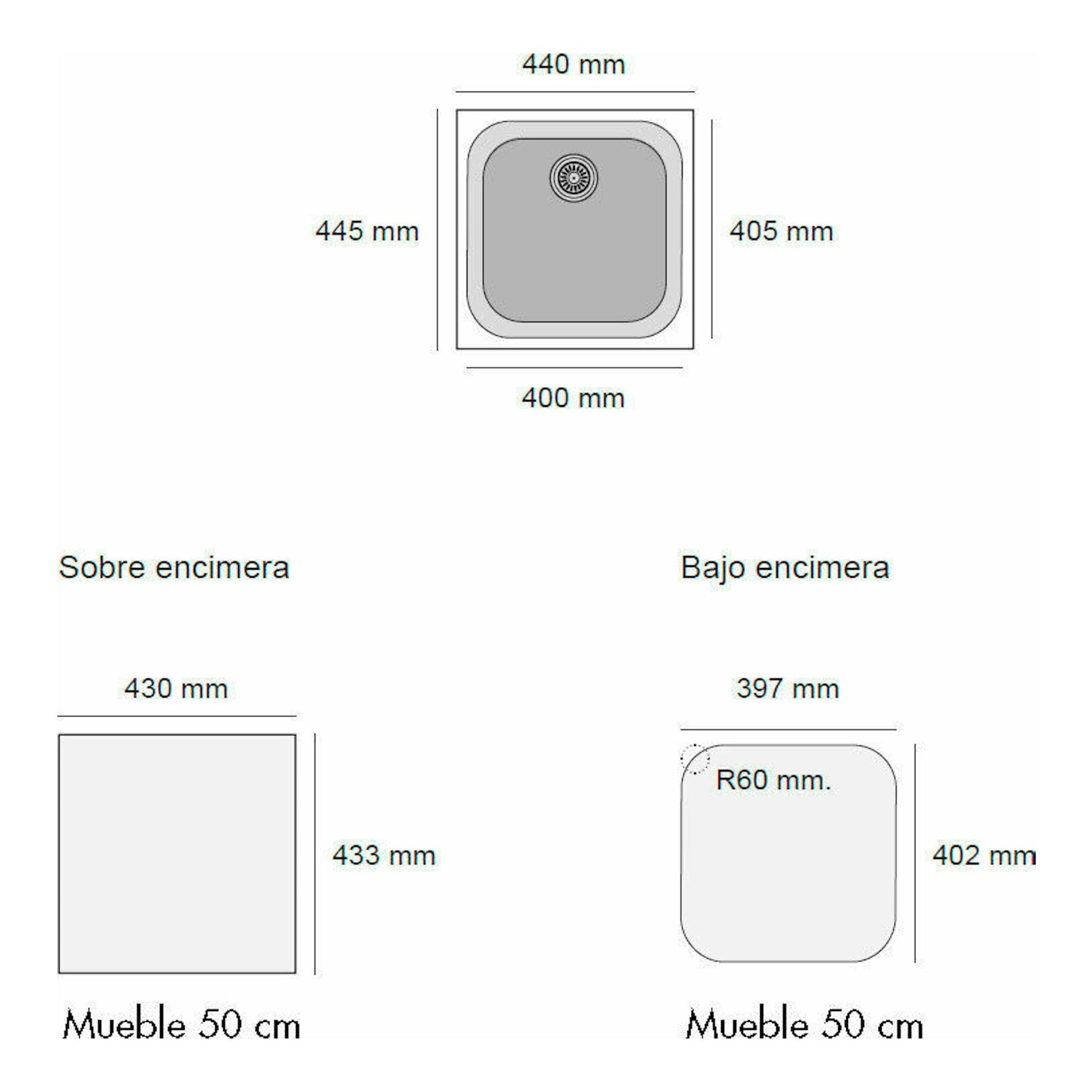 Esquema técnico del fregadero Poalgi Essenzial 40 Basalto, vista superior con medidas y opciones de instalación.