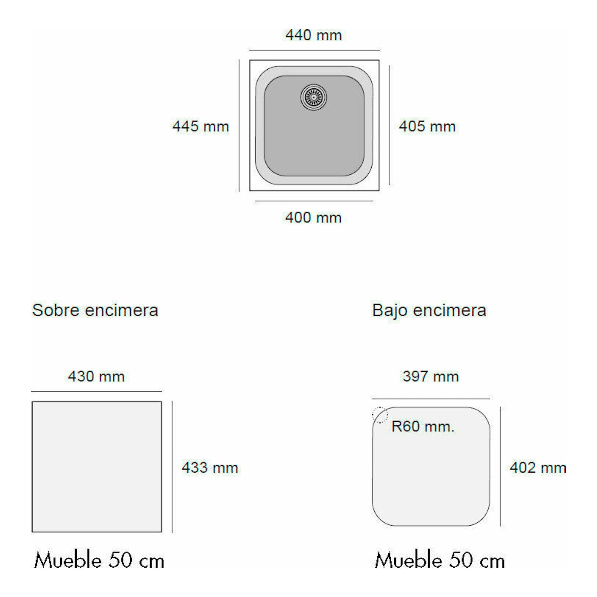 Esquema técnico del fregadero Poalgi Essenzial 40 Basalto, vista superior con medidas y opciones de instalación.