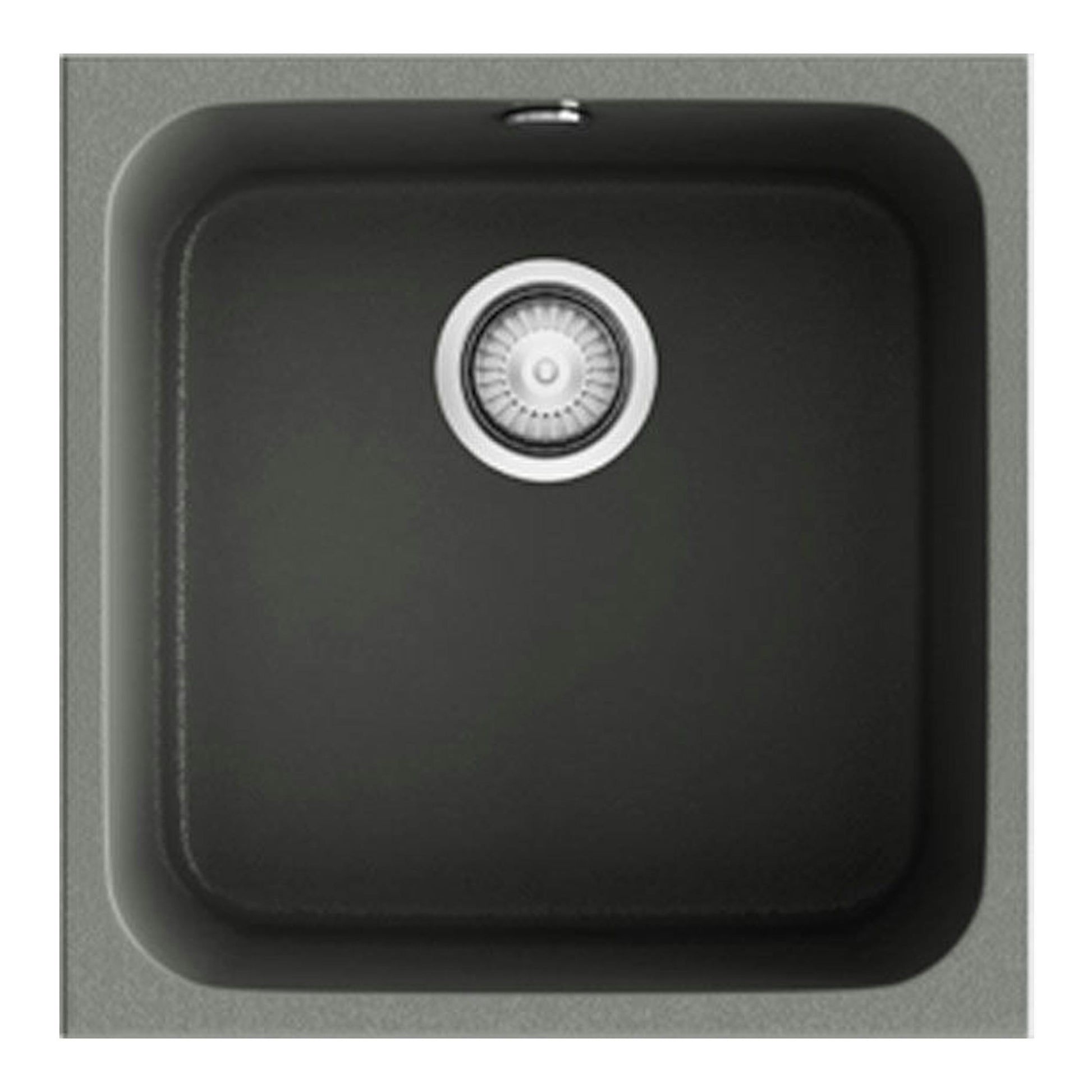 Fregadero Poalgi Essenzial 40 Concret Brillo, vista cenital, lavabo cuadrado negro con desagüe central.