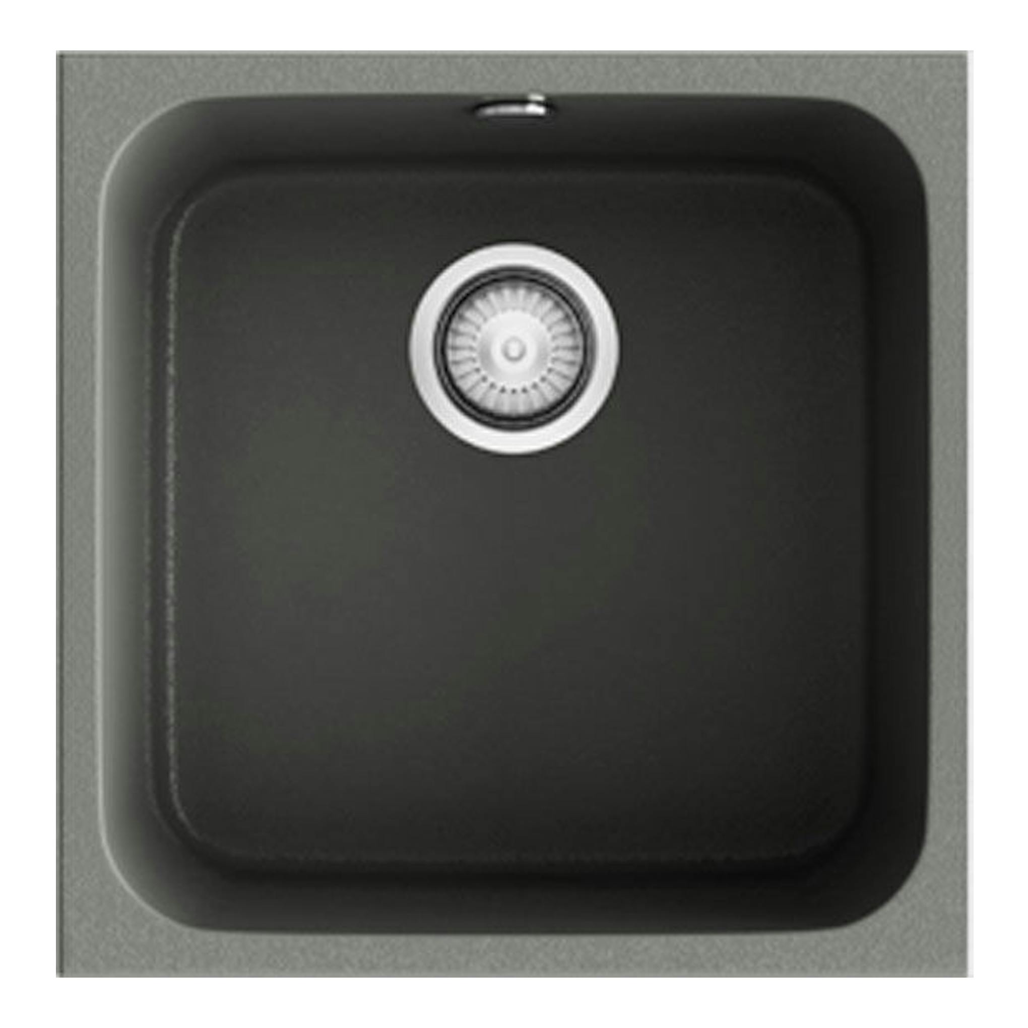 Fregadero Poalgi Essenzial 40 Concret Brillo, vista cenital, lavabo cuadrado negro con desagüe central.