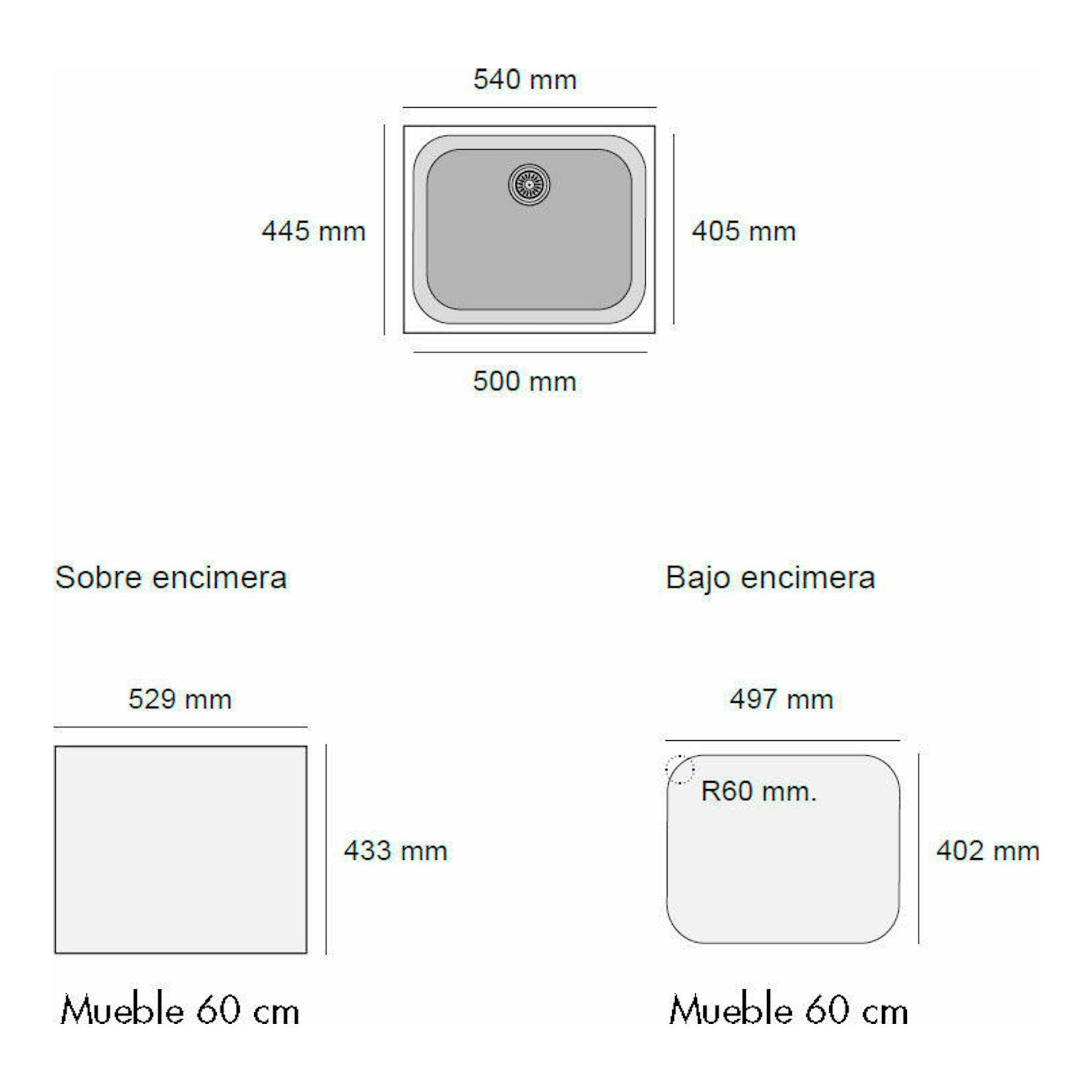 Poalgi Essenzial 50 Blanco: plano técnico de fregadero rectangular blanco con medidas y montaje sobre/bajo encimera.