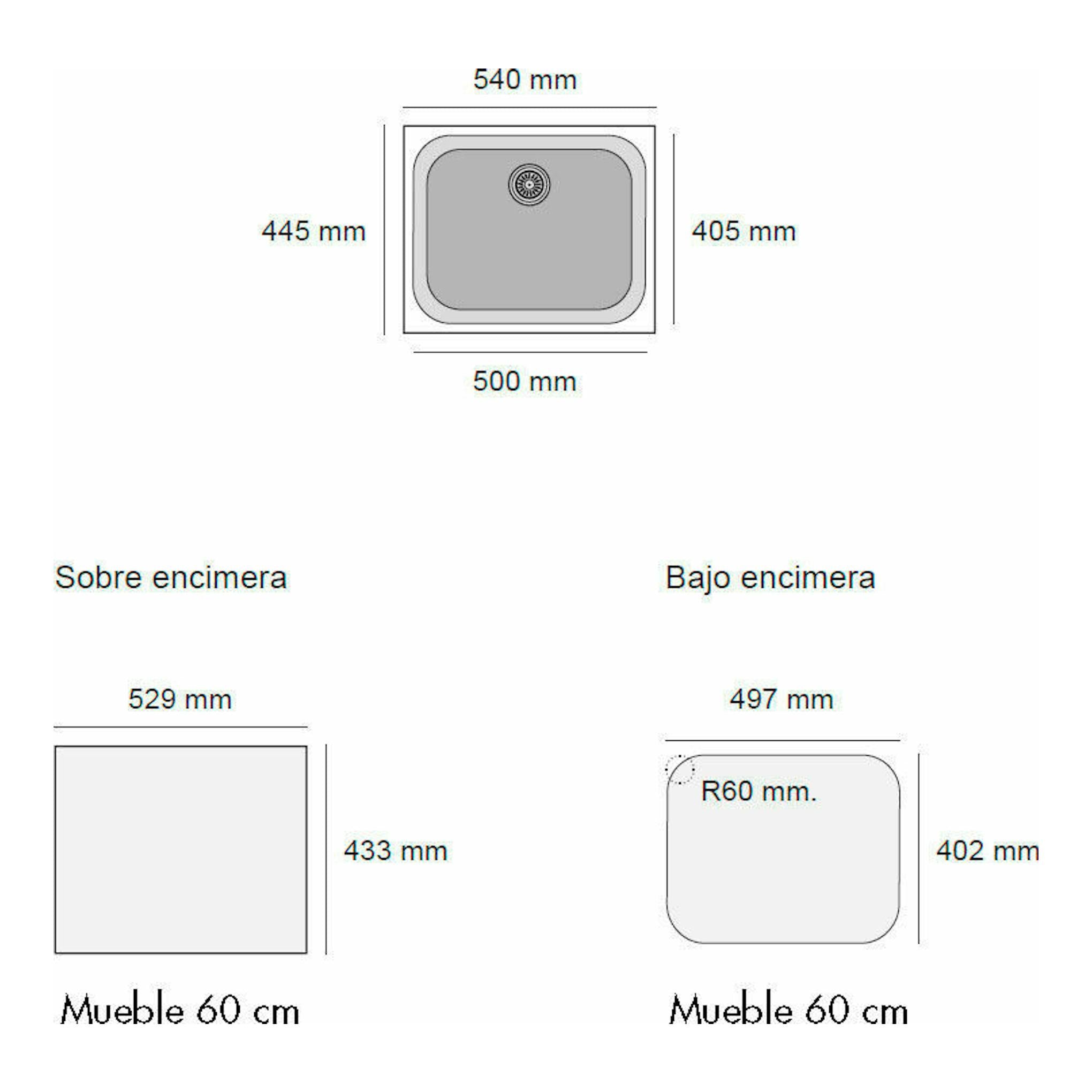 Poalgi Essenzial 50 Blanco: plano técnico de fregadero rectangular blanco con medidas y montaje sobre/bajo encimera.