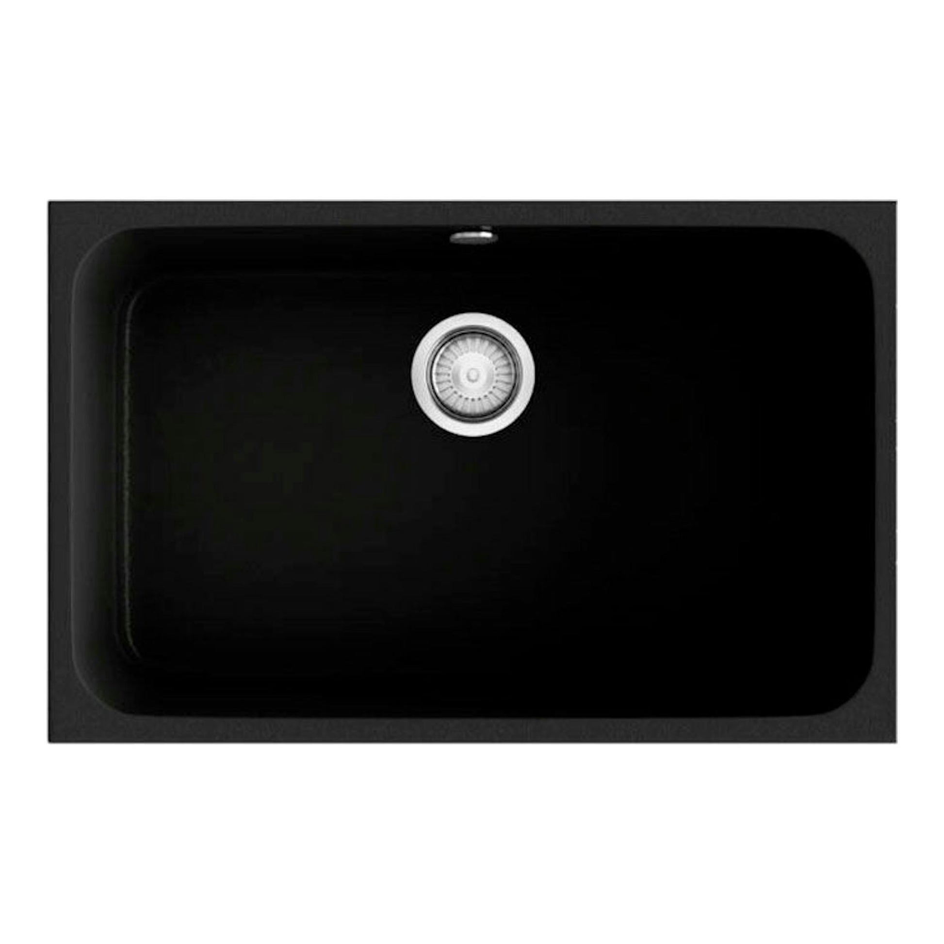 Fregadero Poalgi Essenzial 70 Basalto, vista superior, rectangular, negro con desagüe centrado.