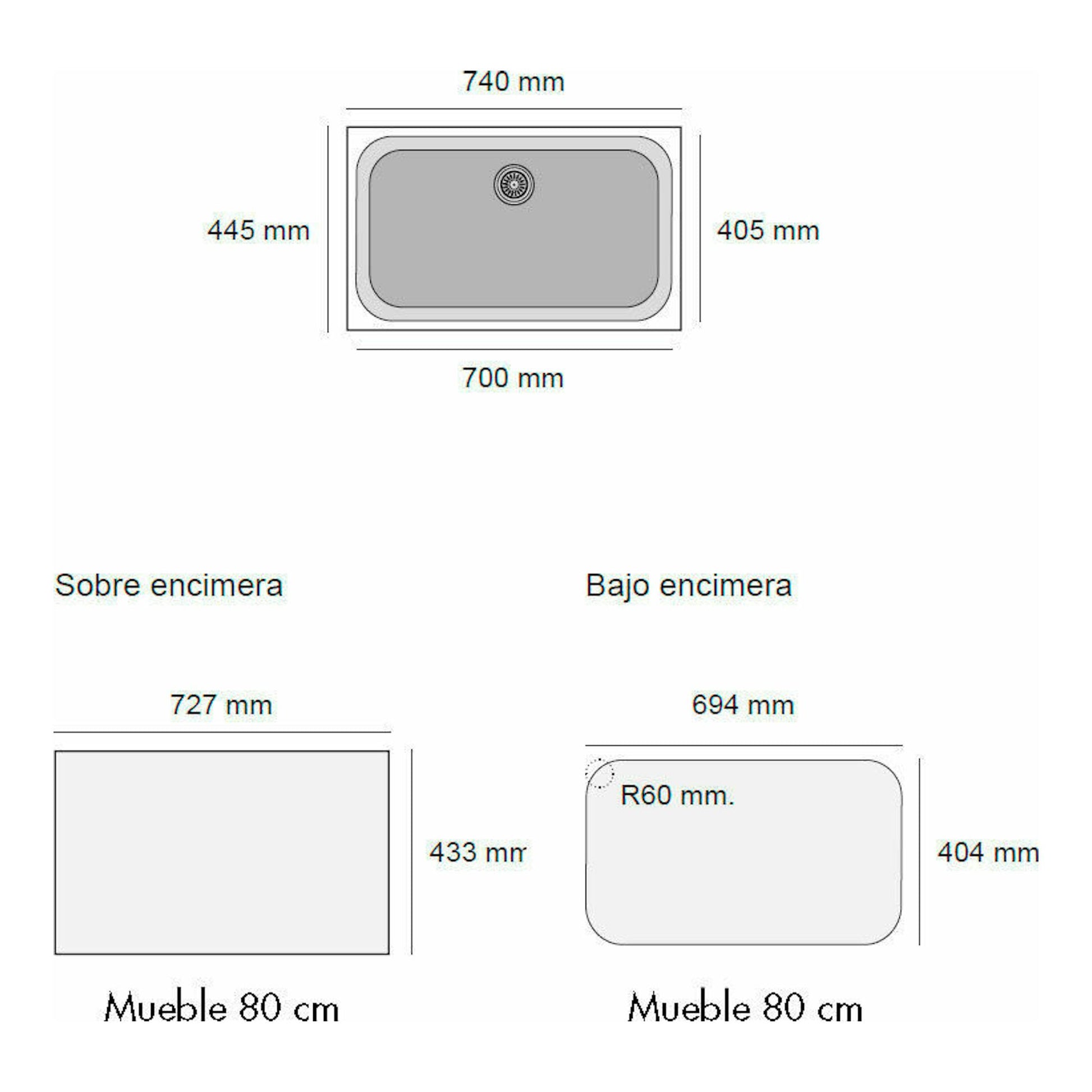 Poalgi Essenzial 70 Basalto: fregadero rectangular gris, plano técnico con medidas y vistas sobre/bajo encimera.