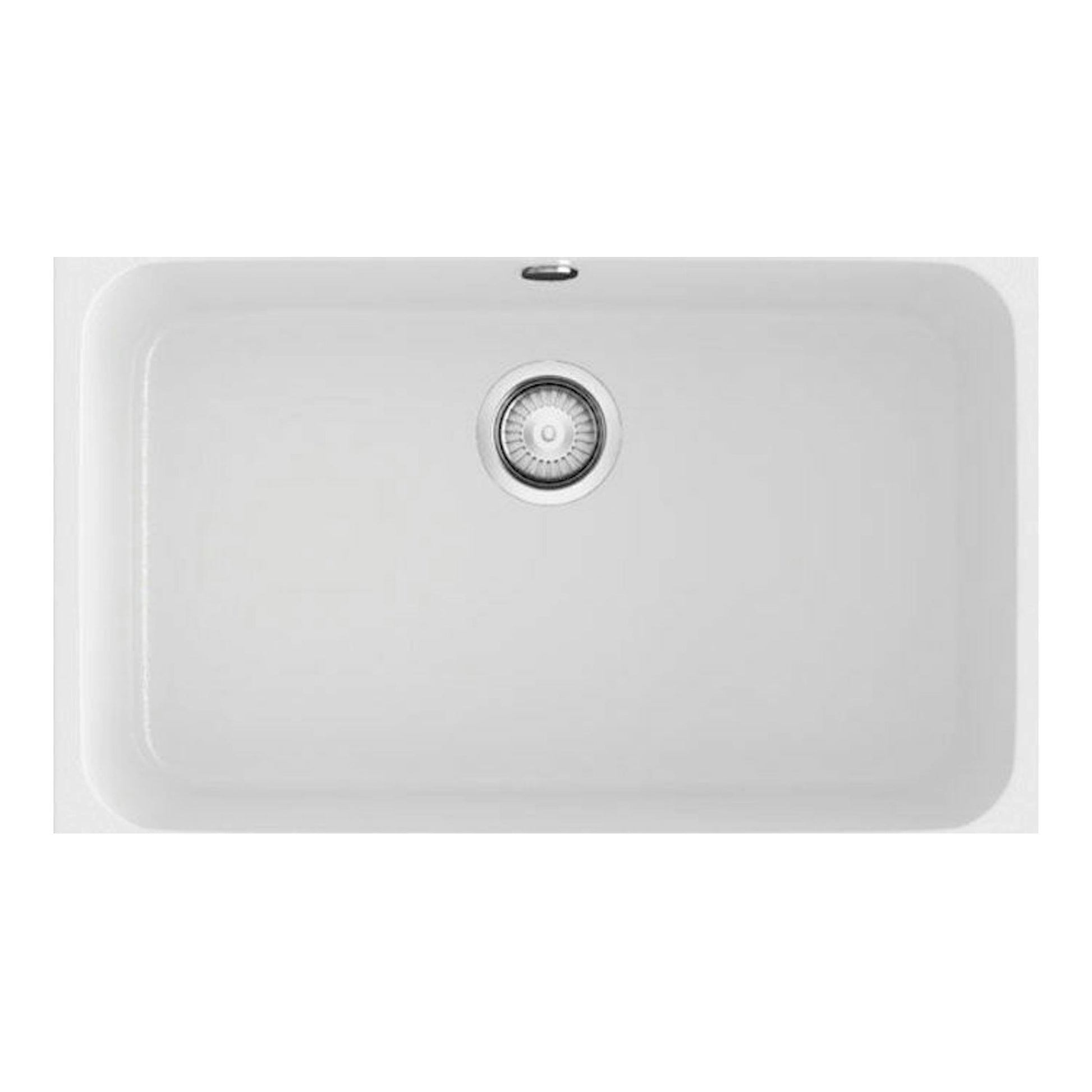 Fregadero Poalgi Essenzial 70 blanco, vista superior, una cubeta rectangular con desagüe central.